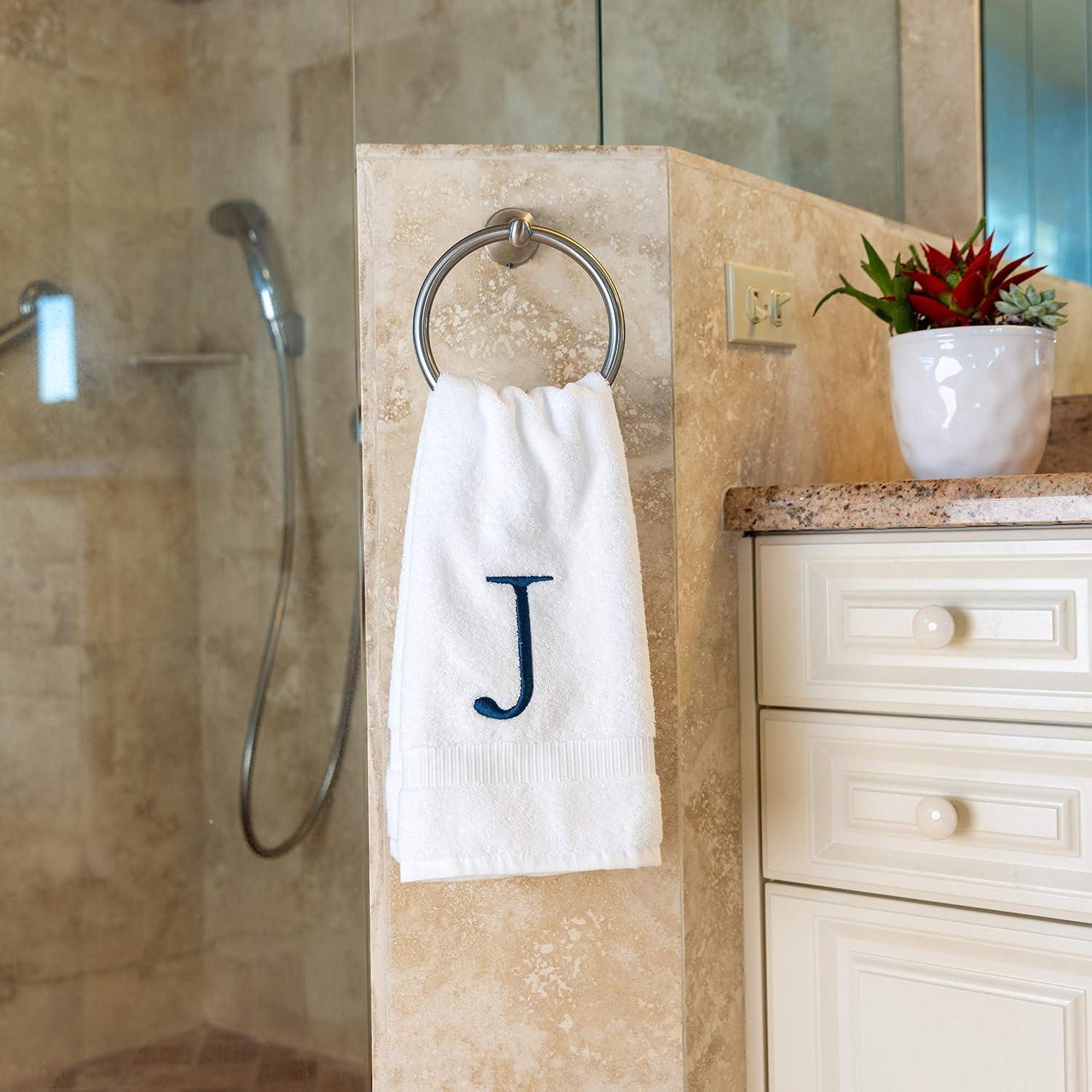 White with Navy Monogrammed Hand Towels for Bathroom - Set of 2 Letter J | Luxury Hotel Quality Initial Towels For