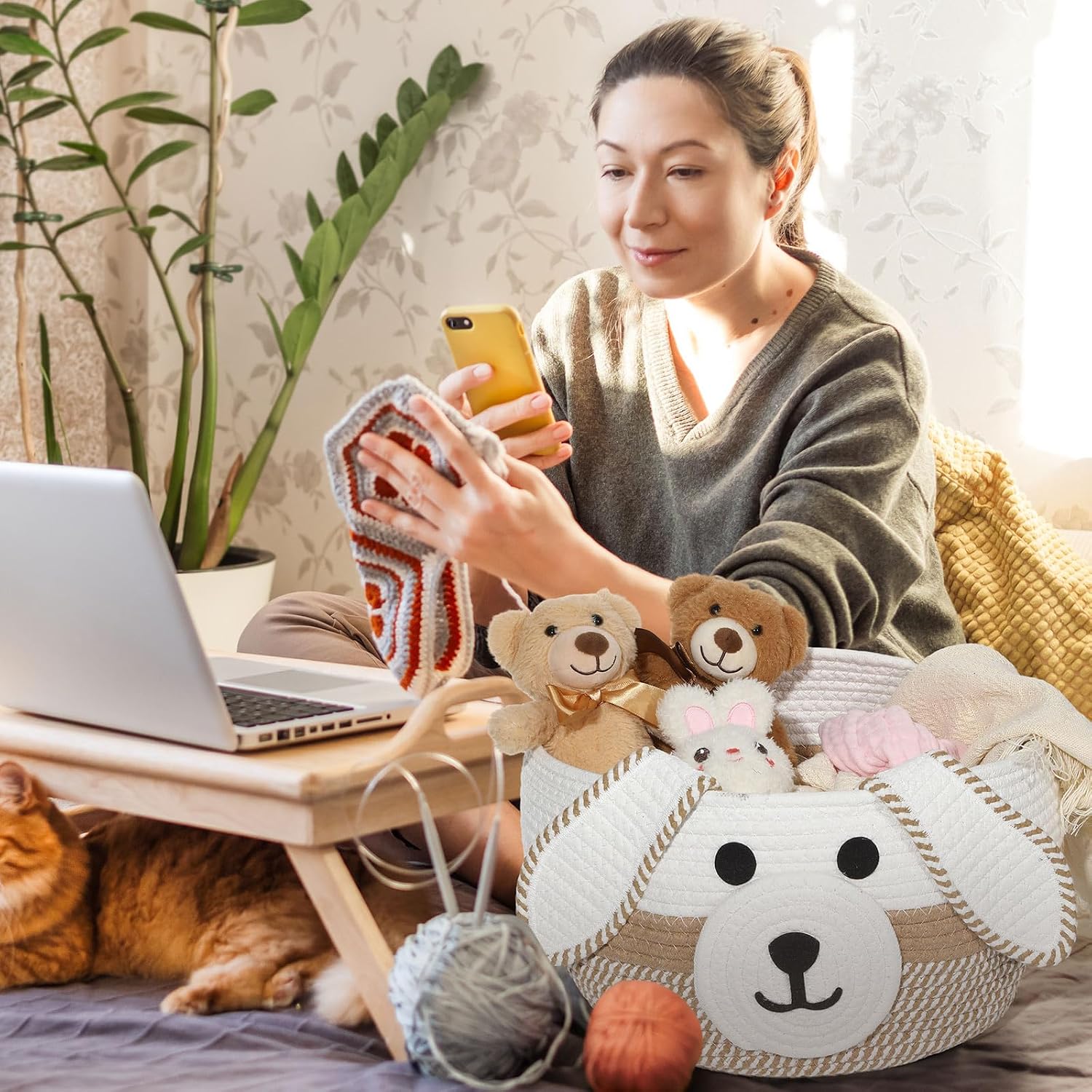 Dog Woven Basket Woven Cotton Rope Puppy Animal Storage Basket for Laundry / Khaki, White / 13 x 8