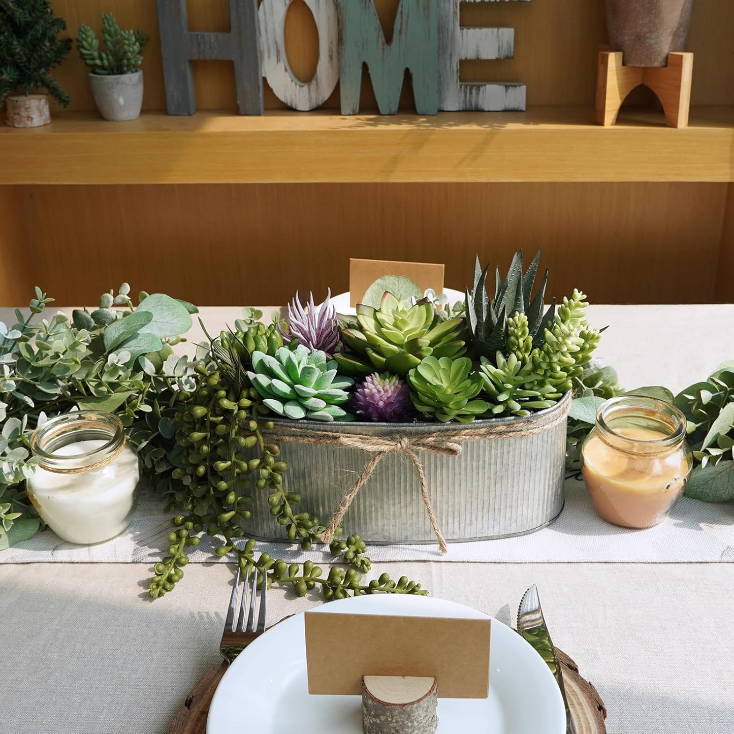 10" Artificial Succulent Arrangement Centerpiece Fake Succulent Plants in Rustic Metal Oval Planter