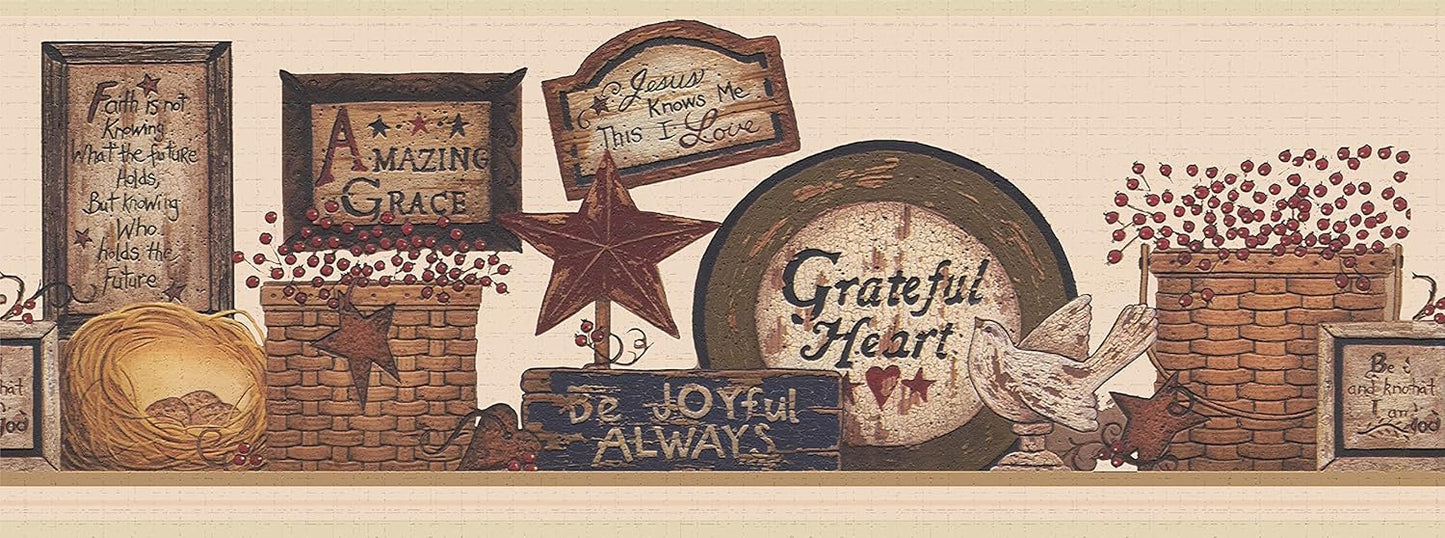 Wallpaper Border Peel and Stick DDAZBD9172 Country Maroon Signs Wall Border Retro / Brown / 15 ft