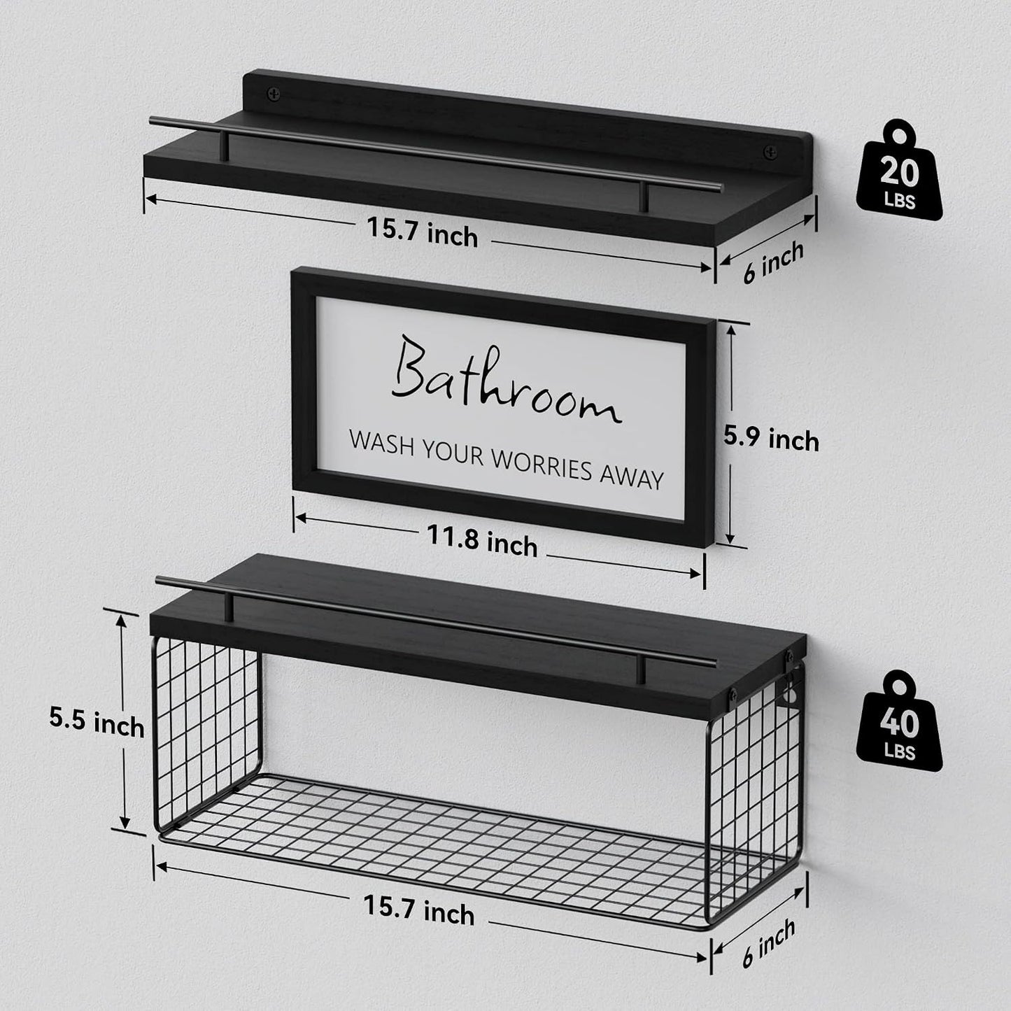 Floating Shelves for Bathroom Decor Art, Modern Black | Bathroom Organizers and Storage, Wall Shelves Over Toilet with