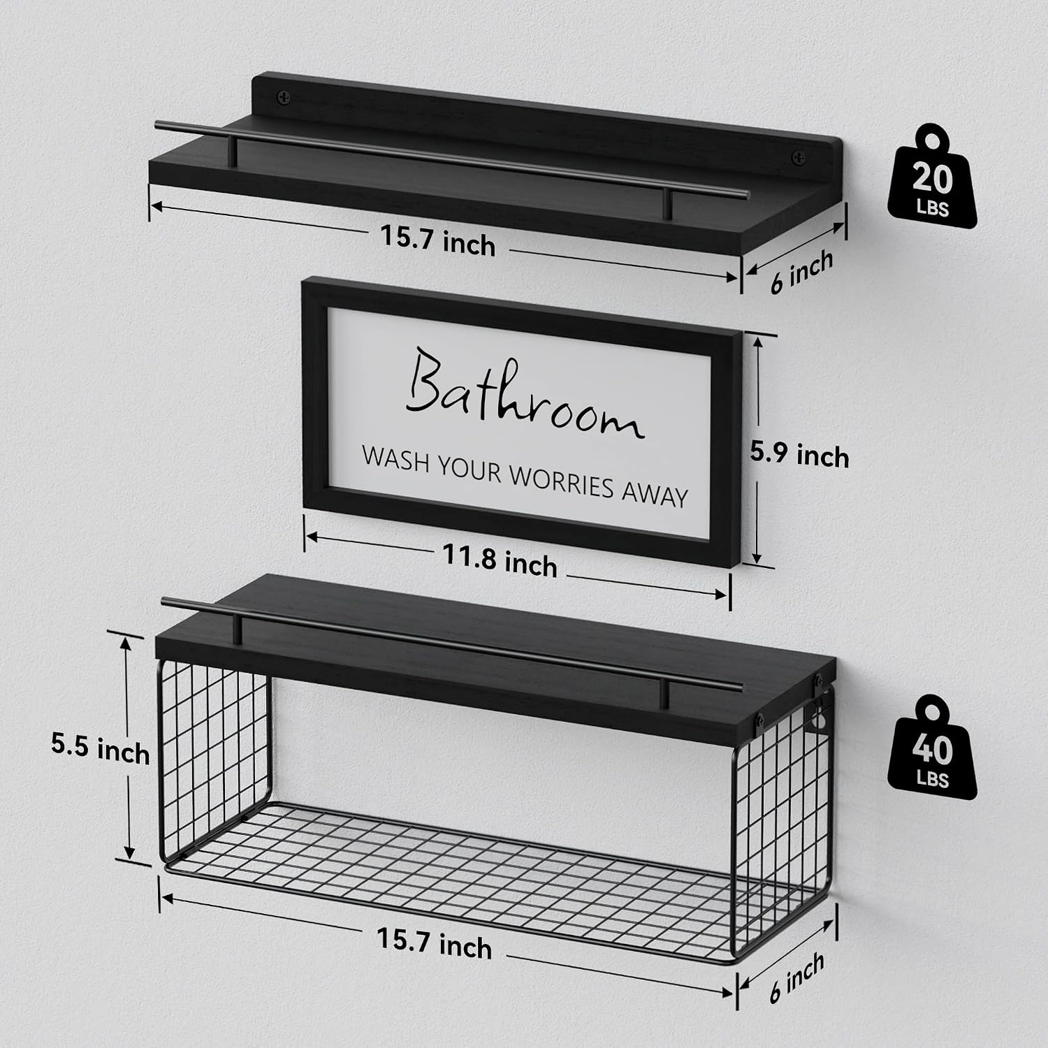Floating Shelves for Bathroom Decor Art, Modern Black | Bathroom Organizers and Storage, Wall Shelves Over Toilet with