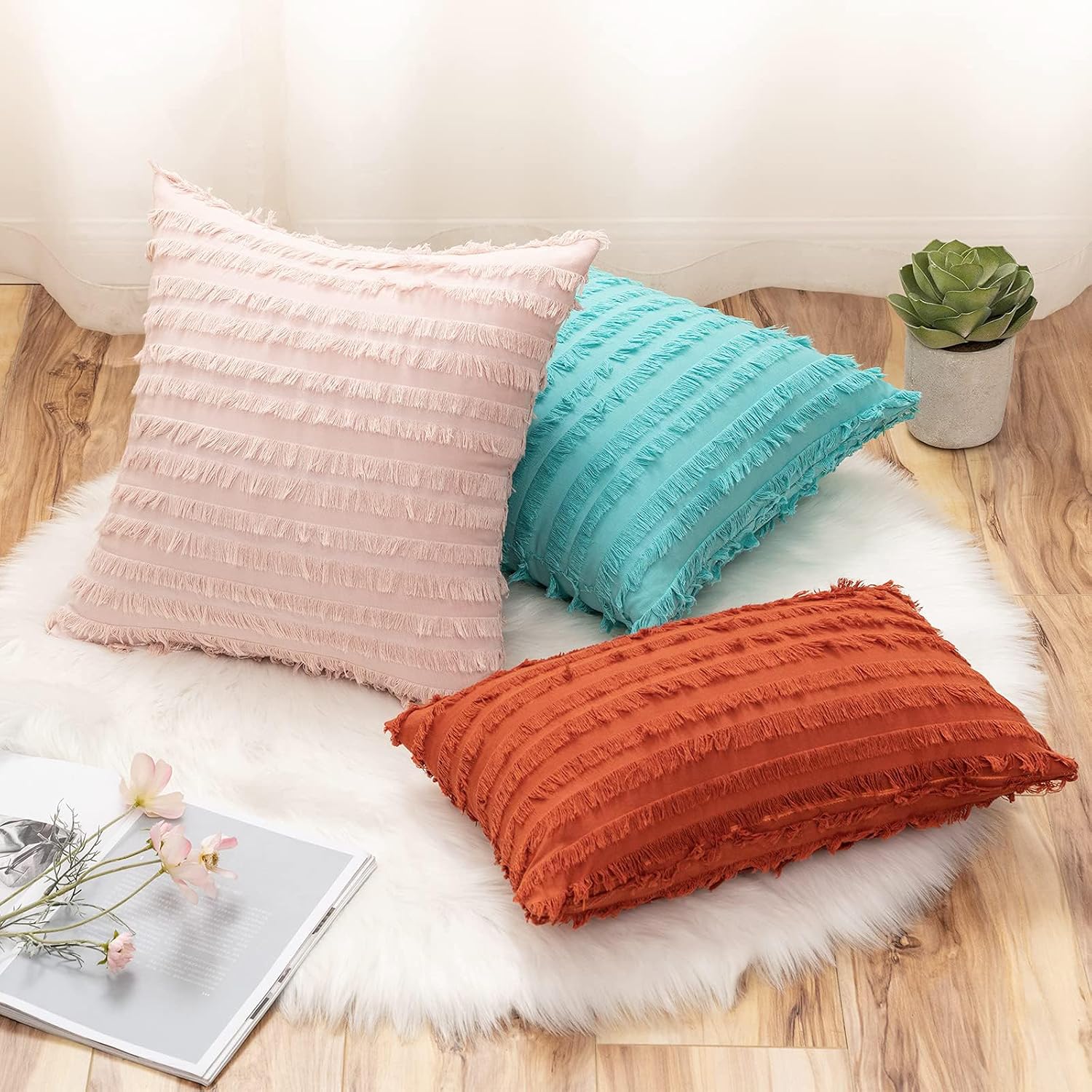 Fall Decorative Boho Throw Pillow Covers Linen Striped Jacquard / 16 x 16 / Burnt Orange / Set of 2