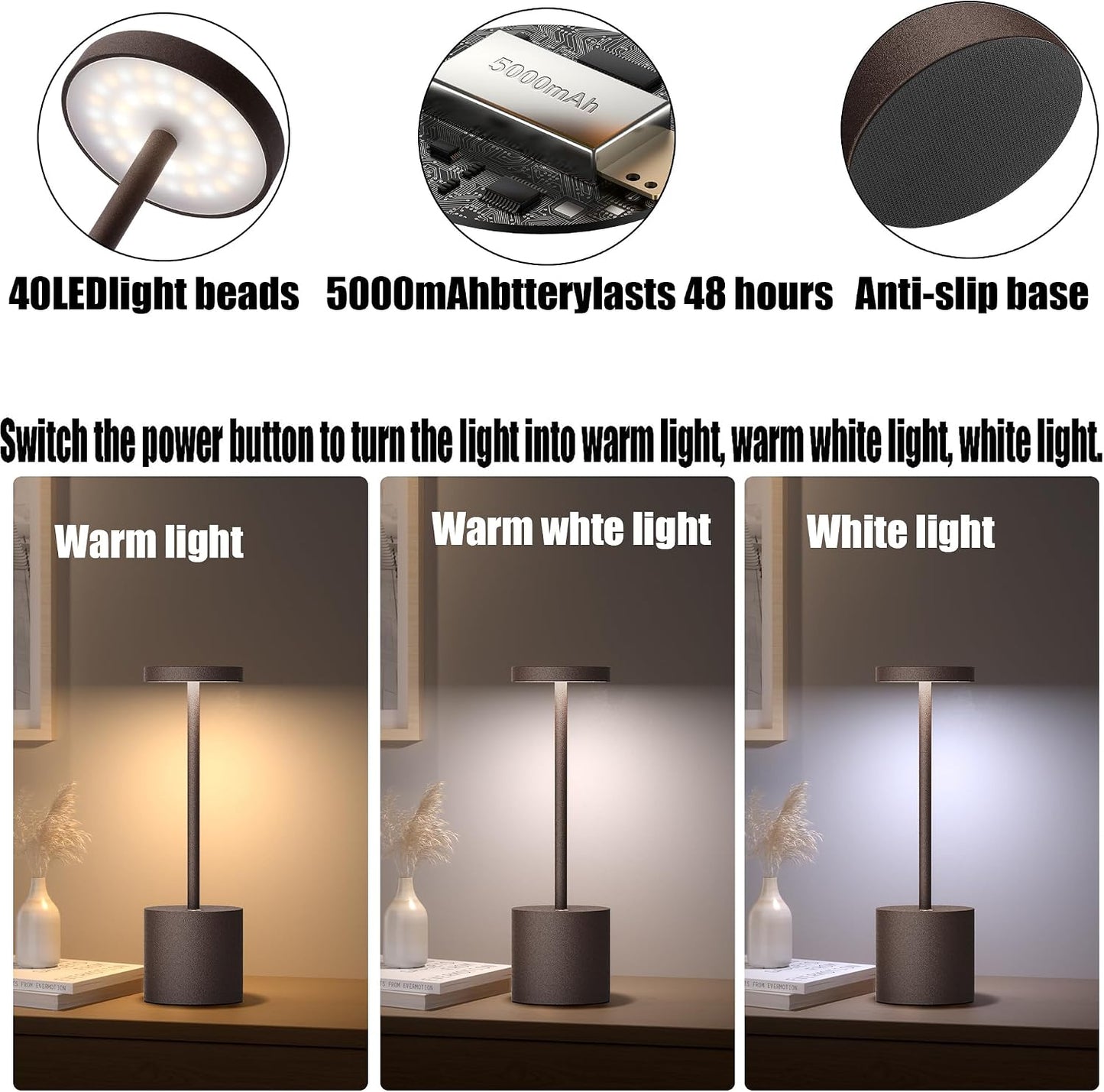 2Pack Cordless Rechargeable LED Restaurants Outdoor Table Lamp | Battery 5000mAh Metal USB Portable Powered Desk Lamp