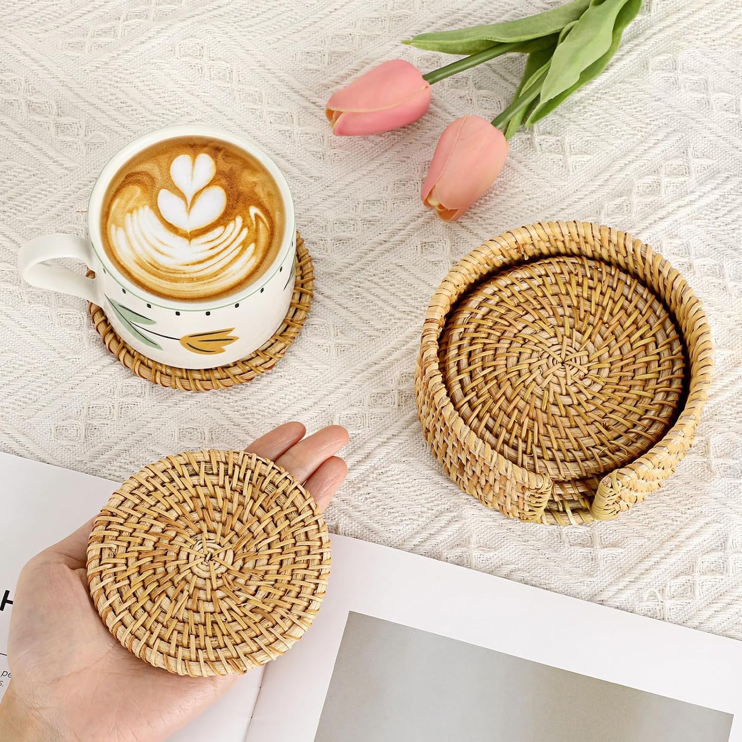 Holder / Boho Cup Coaster / Natural Rattan / Set of 6