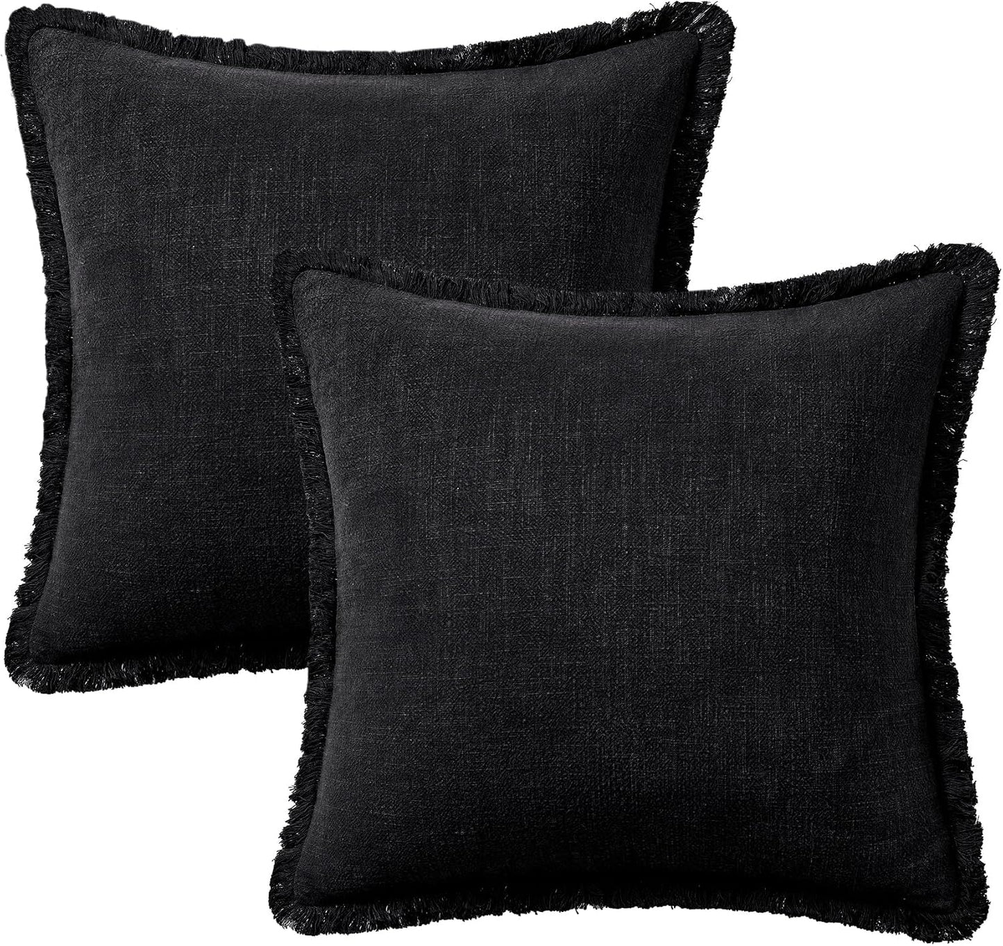 Decorative Linen Fringe Throw Pillow Covers Boho Farmhouse Soft Cushion / 20 x 20 / Black / Set of 2