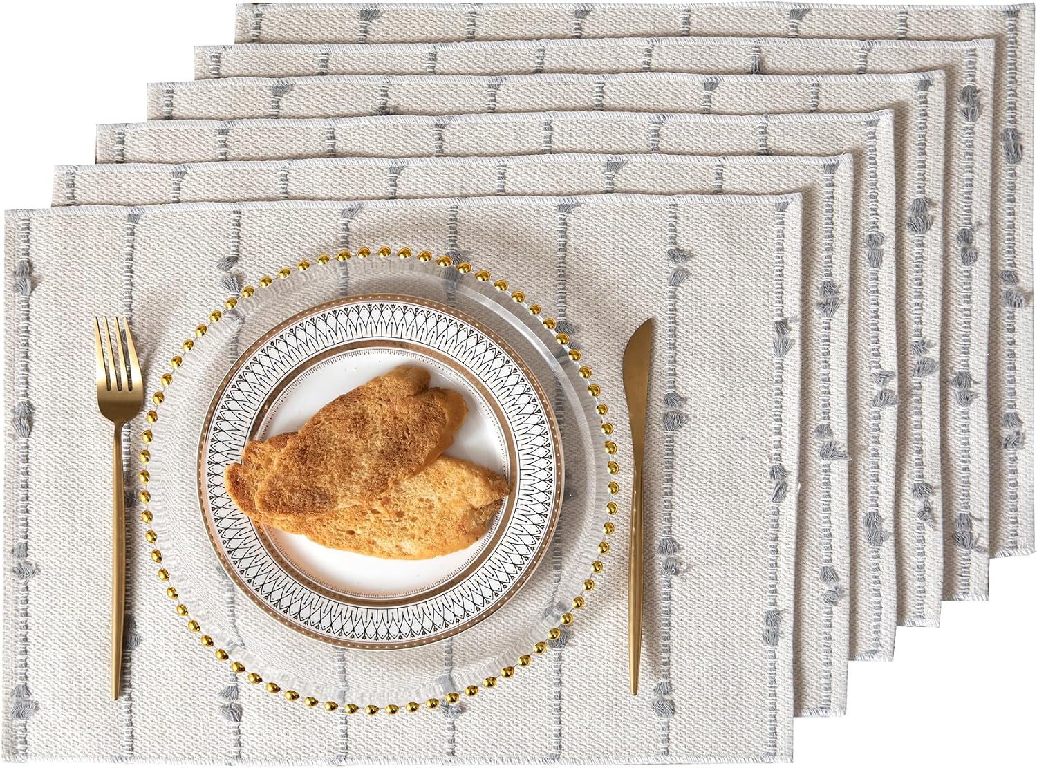 Boho Placemats Set of 6 for Dining Table Decor, Woven Cloth Place Mats for Farmhouse Rustic Kitche Home Decor, Cotton