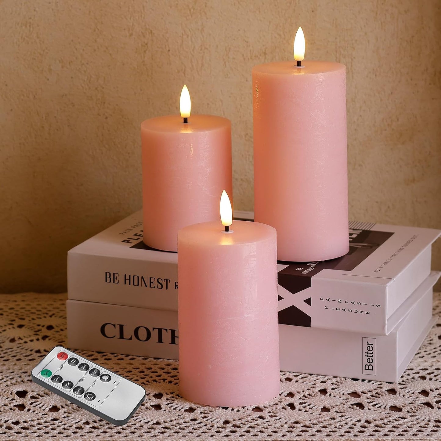 Pink Flameless Candles, Wax Battery Operated Candles with Remote | Flat Top Flickering LED Candles, Warm Ambiance, Home