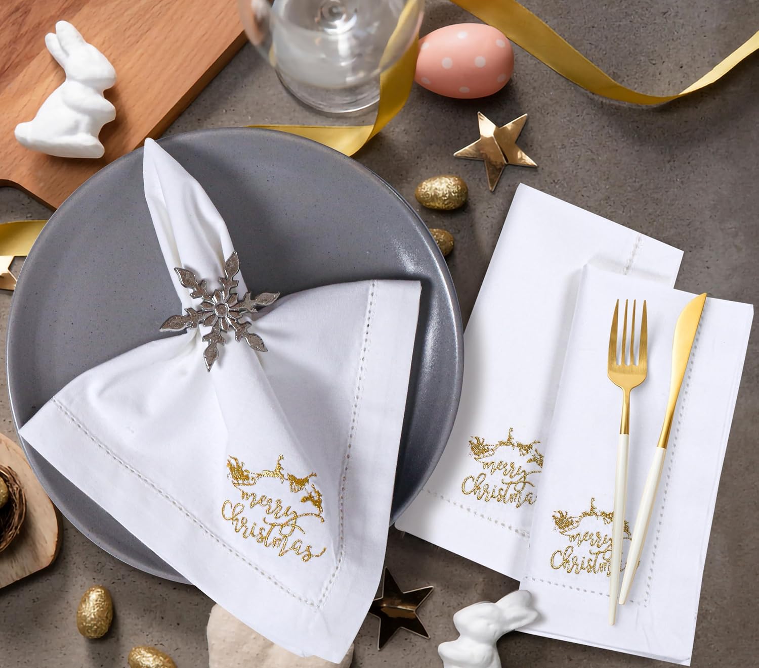 Bedding Craft Cotton Cloth Dinner Napkins, White & Gold, 18x18, 12-Pack | 100% cotton, gold embroidery, machine