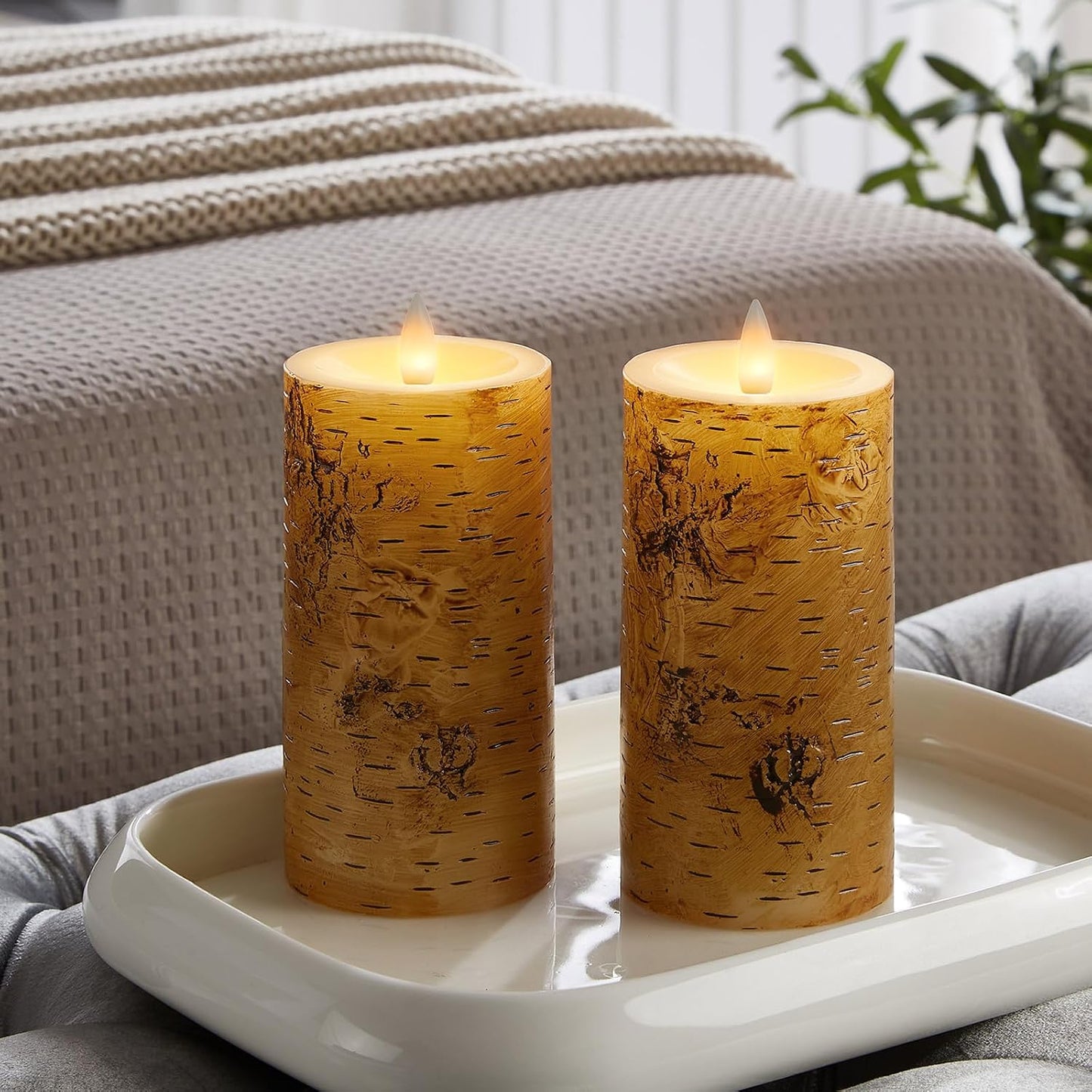Birch Bark Wax Flameless Candles with Remote Timer, Last 400-Hour with 2AA Batteries, 3D Moving Flame Led Candles, Set