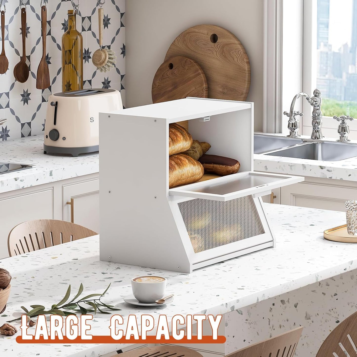 GHWIE Double Layer Bamboo Bread Box for Kitchen Counter,Large Capacity Bread Storage Bin,Bread Container with Acrylic