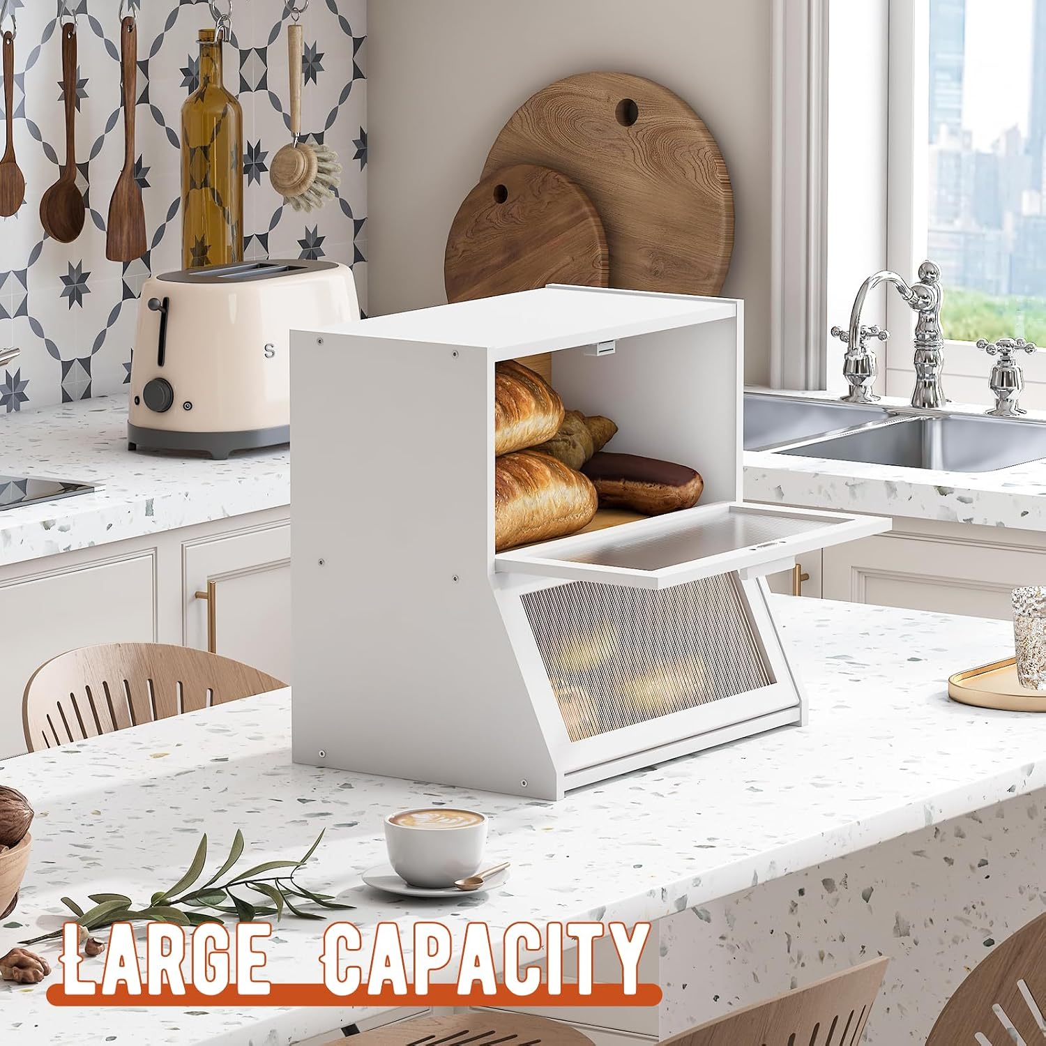 GHWIE Double Layer Bamboo Bread Box for Kitchen Counter,Large Capacity Bread Storage Bin,Bread Container with Acrylic