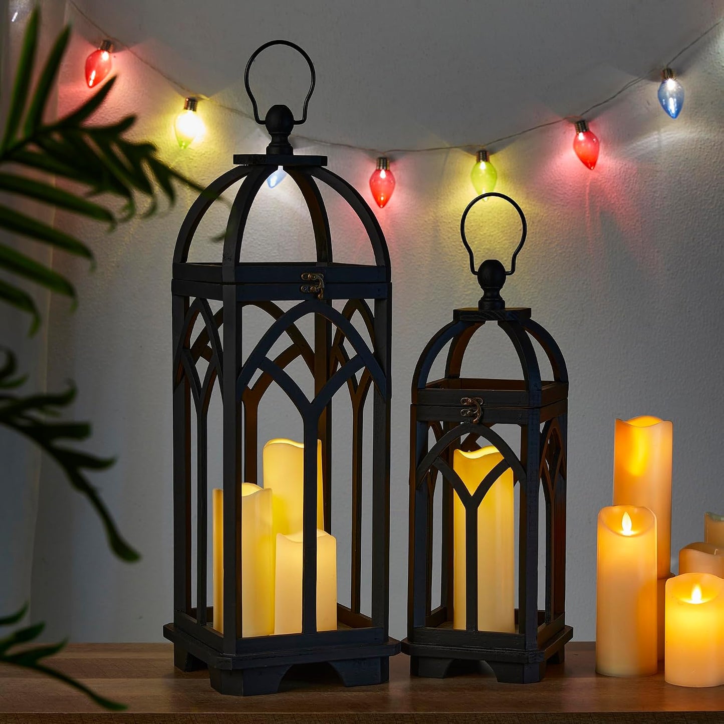 Glitzhome Farmhouse Decorative Lanterns Wooden Candle Lantern, Church Window Wood Frame Lanterns for Wedding Mantle