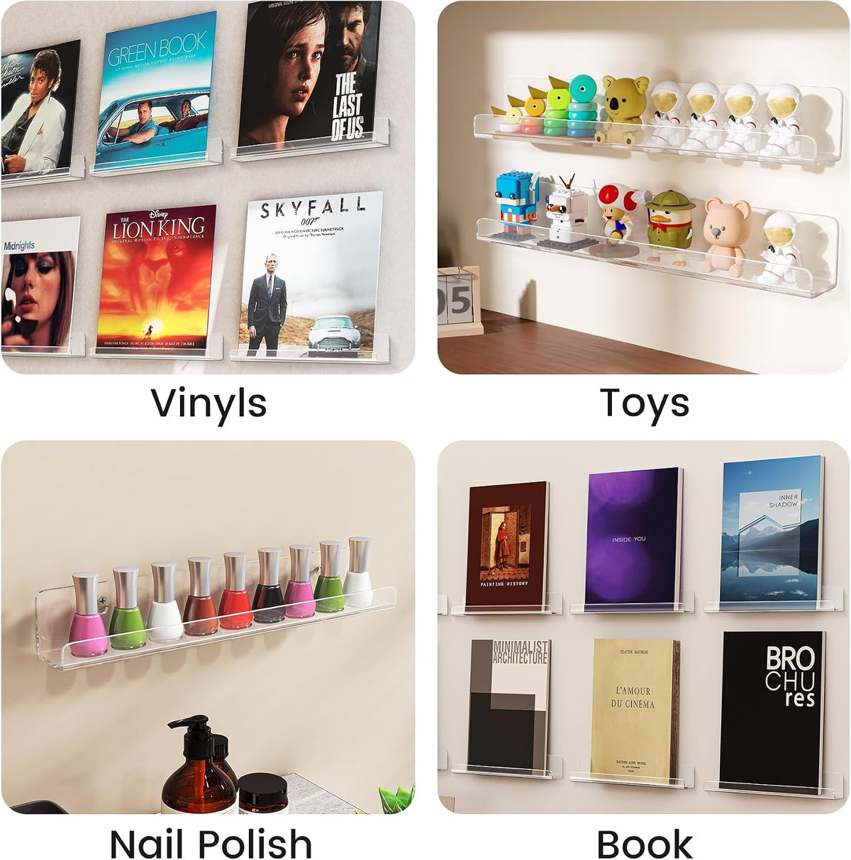 Gotega Vinyl Record Shelf Wall Mount 16 Pack, 12 inch Album Record Display | Clear Acrylic Floating Shelves for Wall
