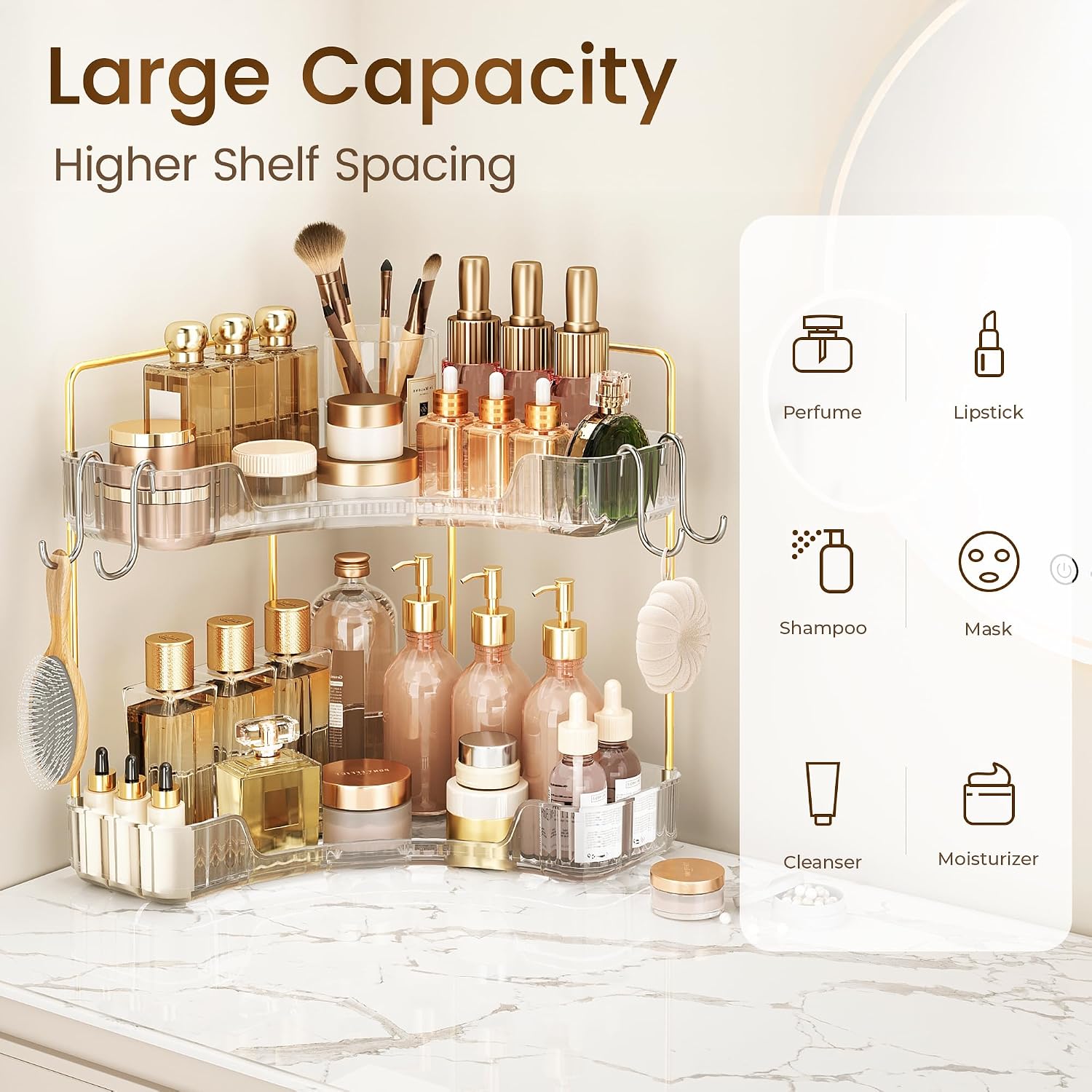 Corner Bathroom Counter Organizer 2 Tier Bathroom Organizers | Storage Countertop with Hooks Skin Care Exquisite Vanity