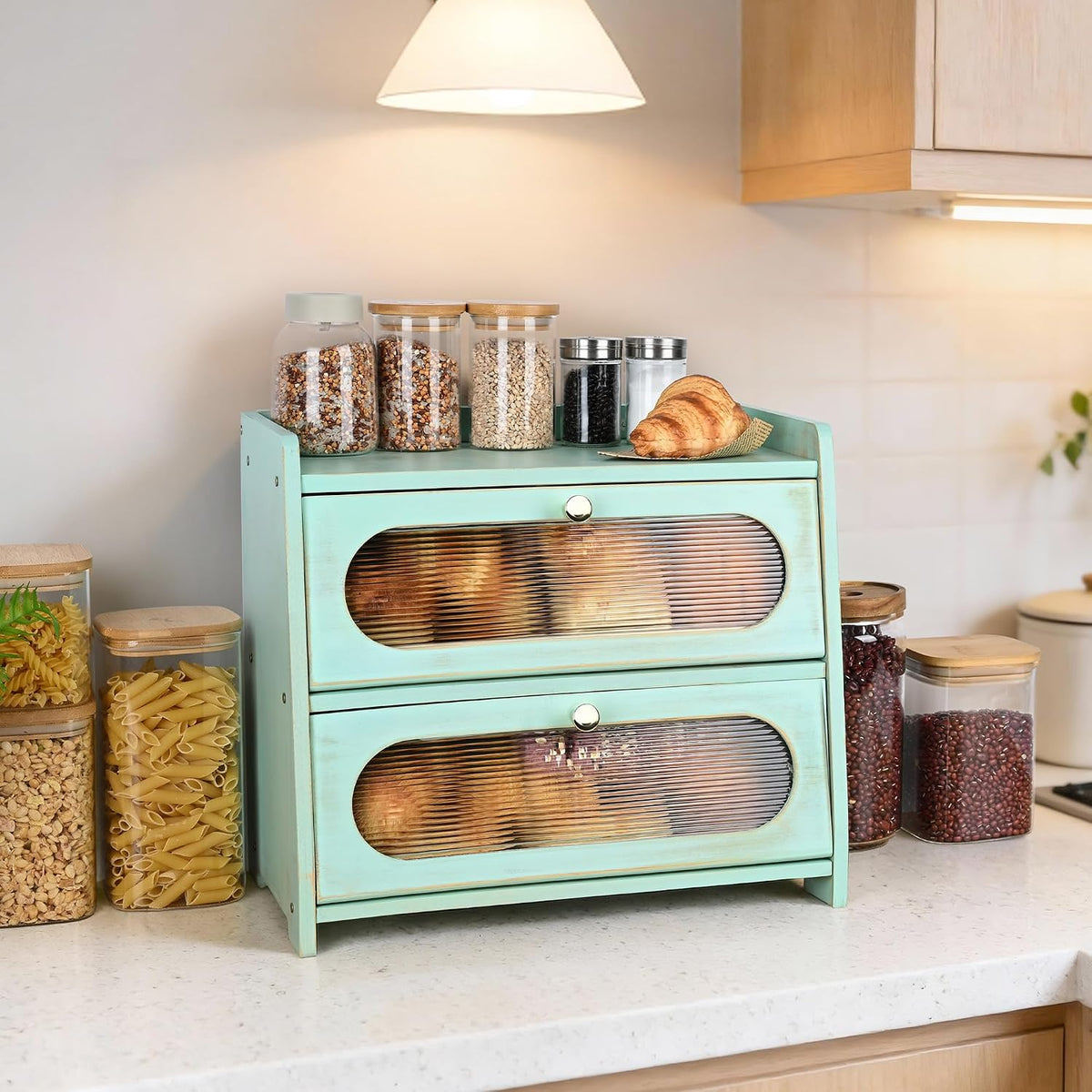 2-Tier Green Bread Box for Kitchen Countertop with Window | Farmhouse Bread Storage Container, Large Pantry Organizers