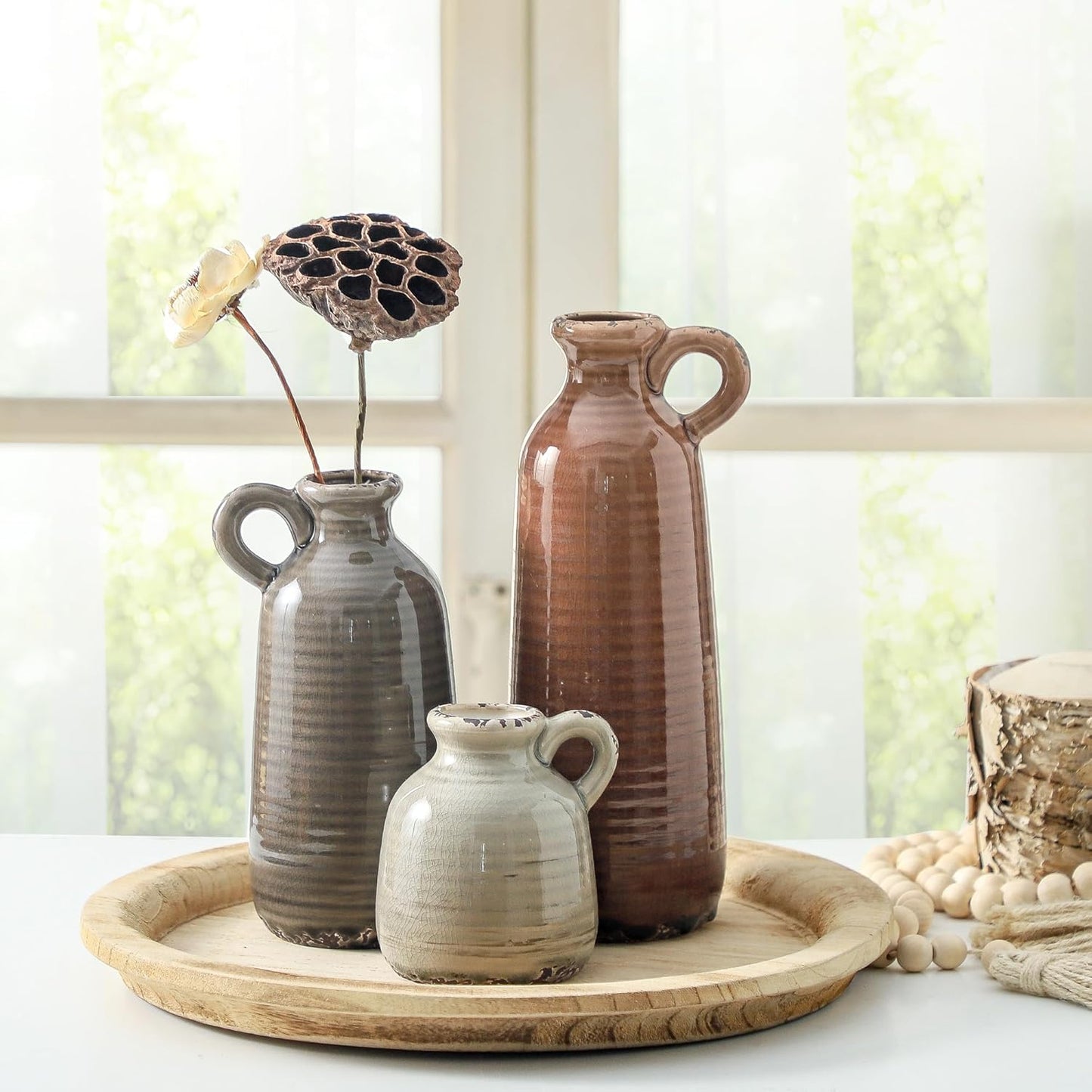 Ceramic Vases / Neutral Rustic Farmhouse Vase / 010 Vase Set with Handle - Brown / Set of 3