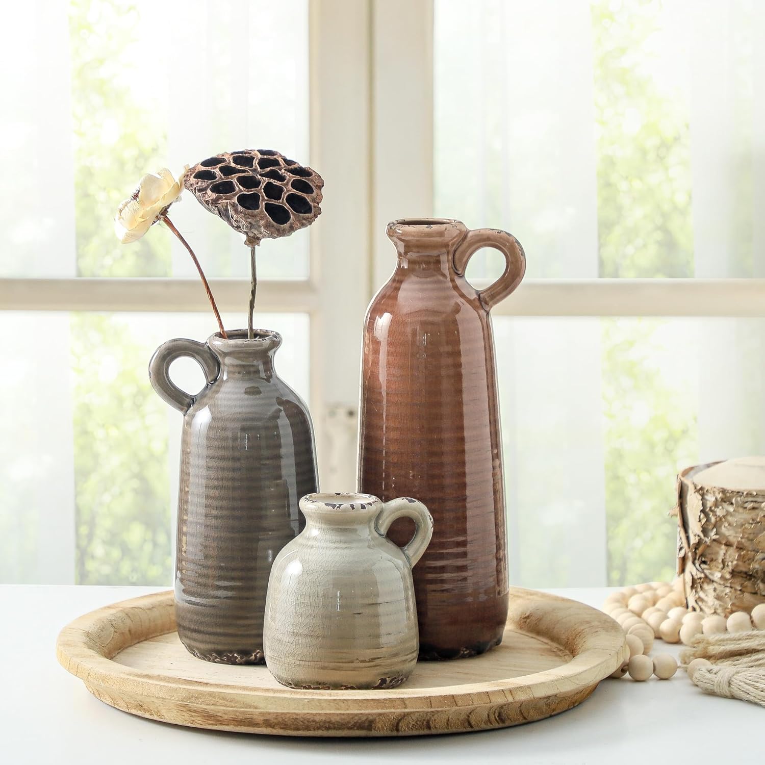 Ceramic Vases / Neutral Rustic Farmhouse Vase / 010 Vase Set with Handle - Brown / Set of 3