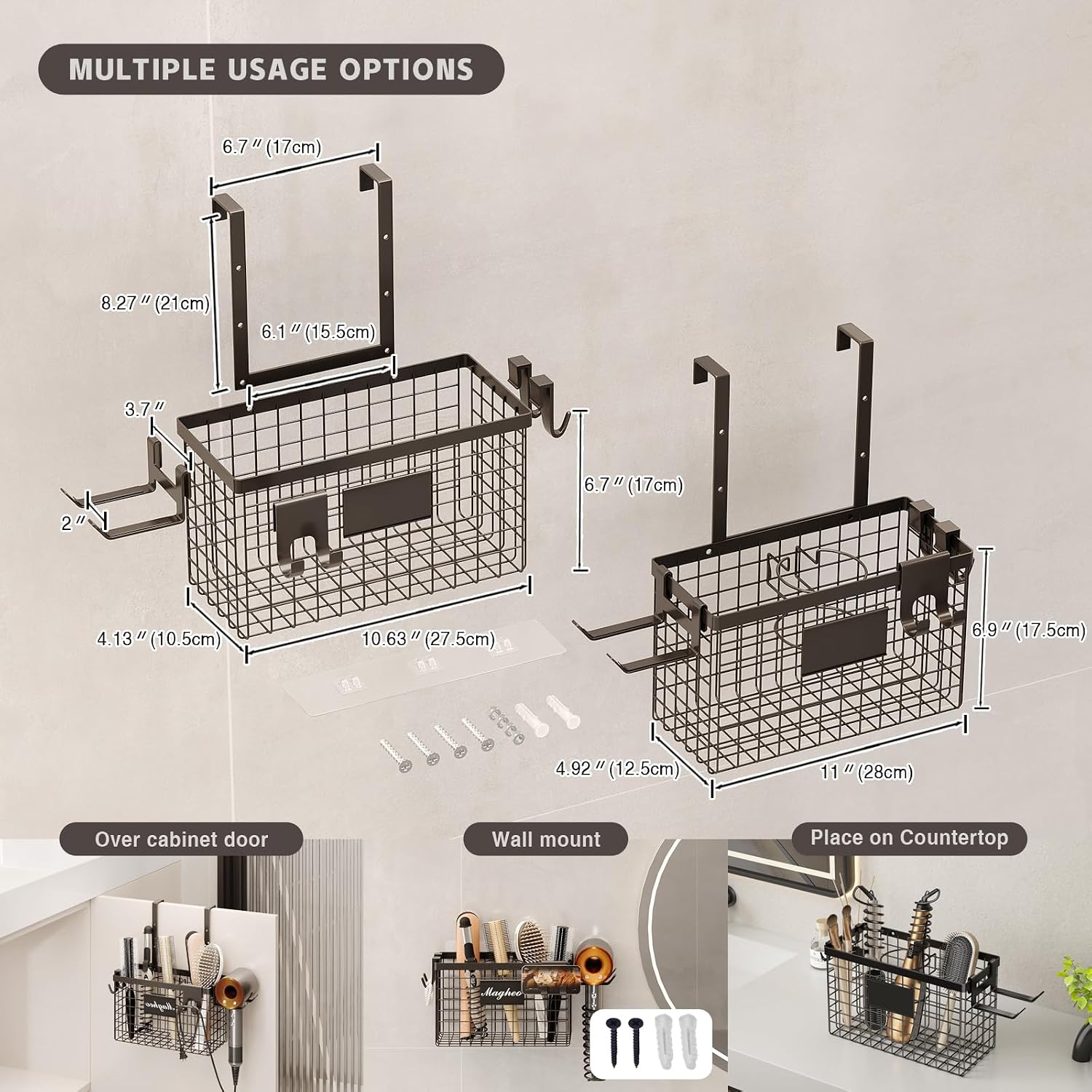Magheo Hair Dryer Holder Cabinet Door 3-in-1 Adhesive Hair Tool Organizer Wall Mounted Adjustable Height Blow Dryer