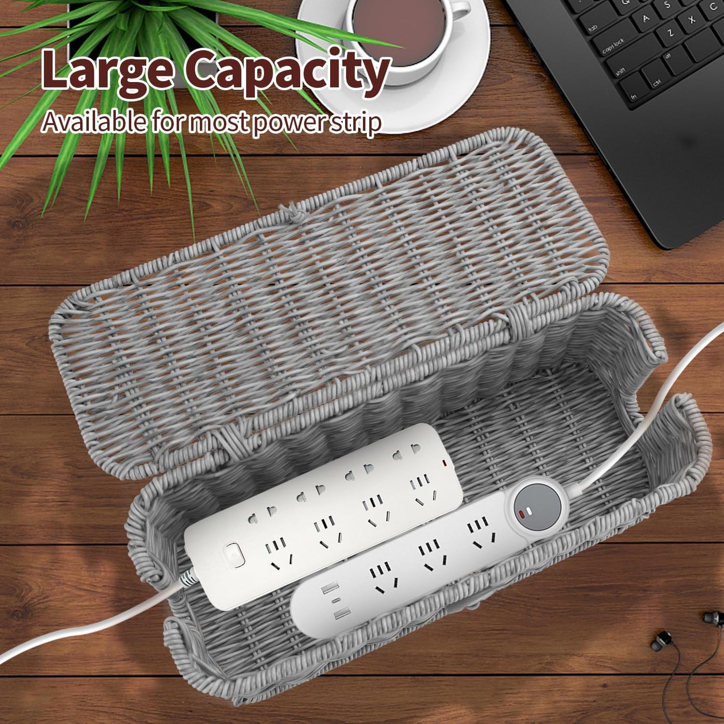 Desk Handwoven Rattan Cord Hider Cable Organizer Box / Grey