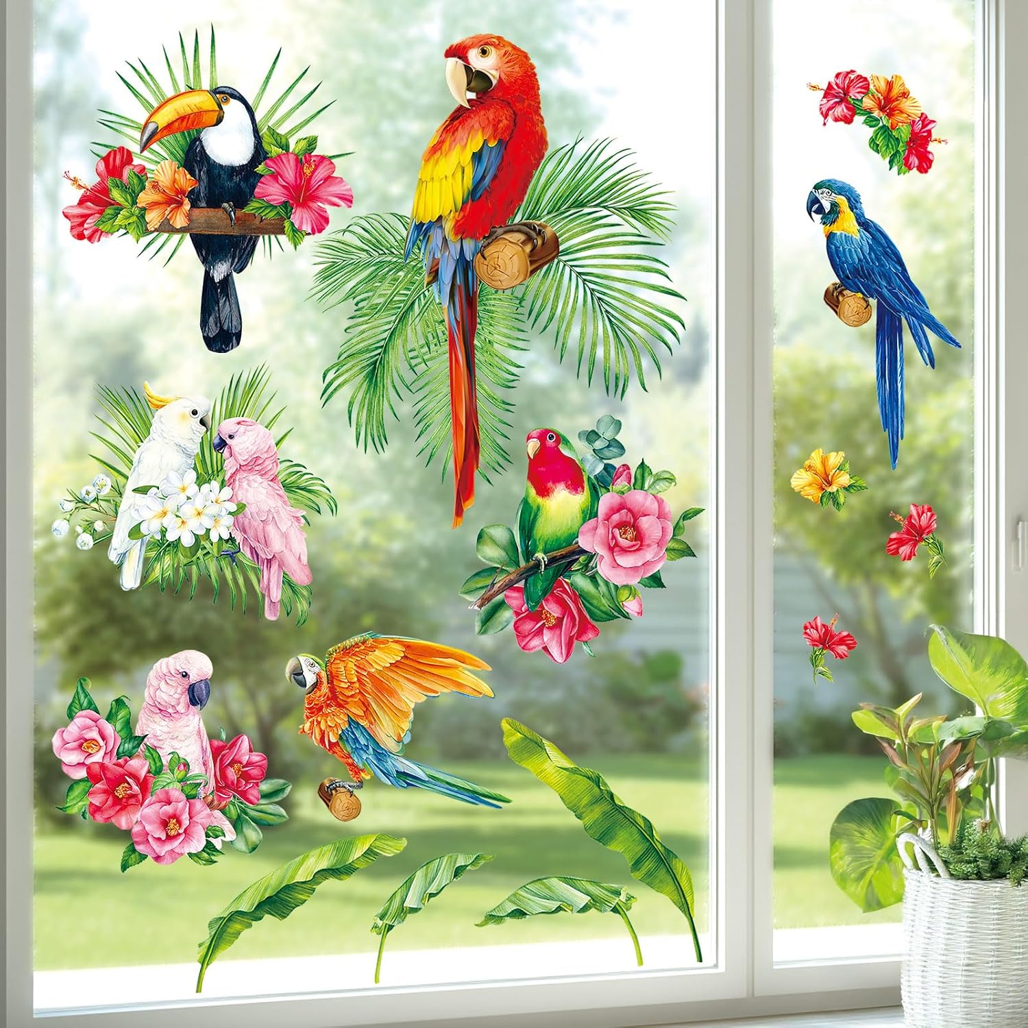 SG2-108 Tropical Plants Parrot Wall Decals Leaf Birds Watercolor Stickers for Kids / Green