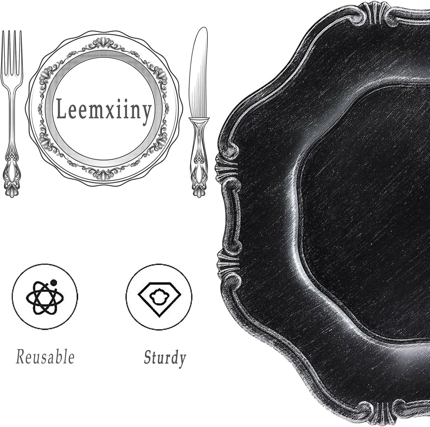 Black Charger Plates Set of 6, Decorative Table Plastic Chargers for Dinner Plates, Party, Wedding, Thanksgiving