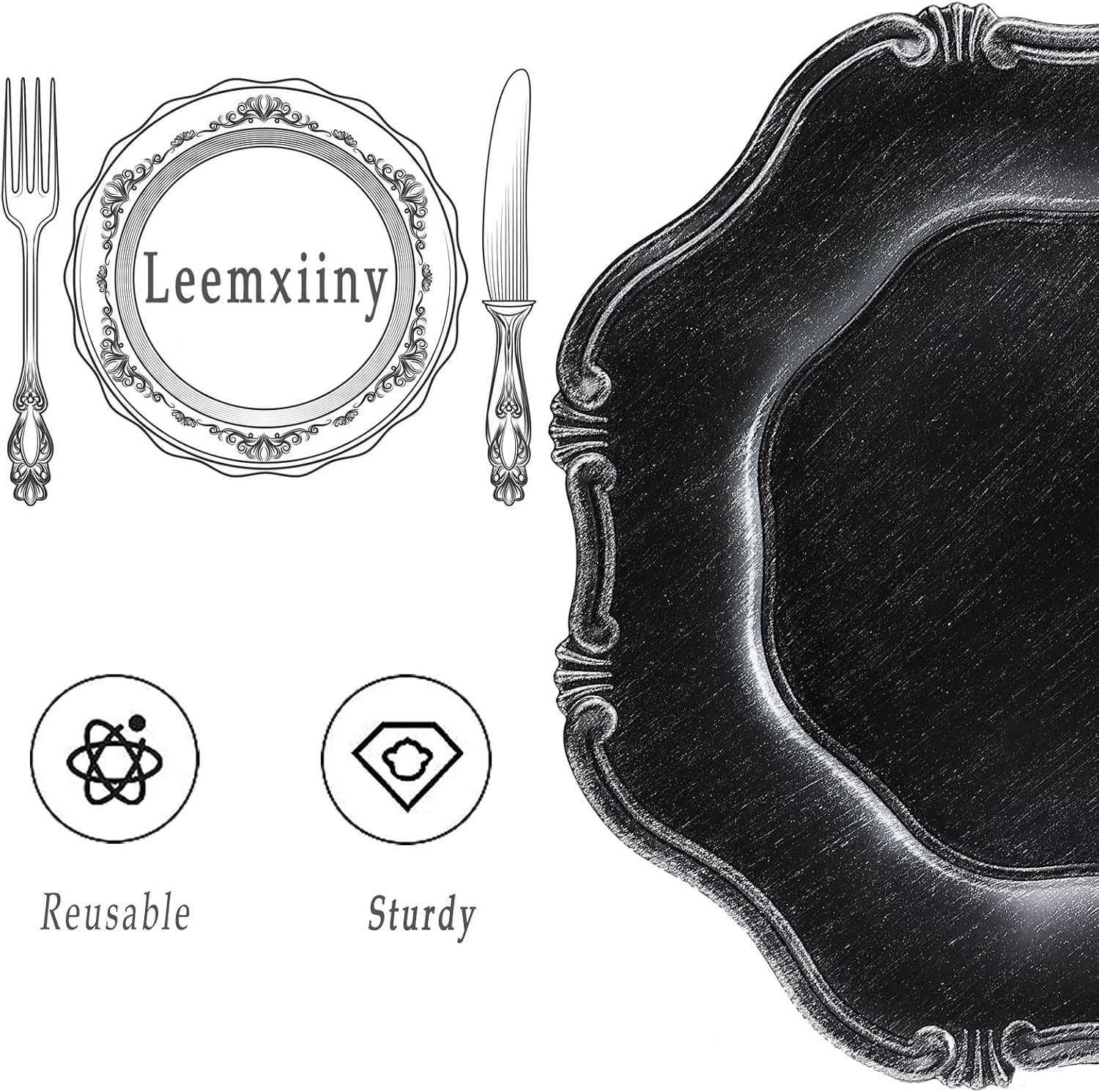 Black Charger Plates Set of 6, Decorative Table Plastic Chargers for Dinner Plates, Party, Wedding, Thanksgiving