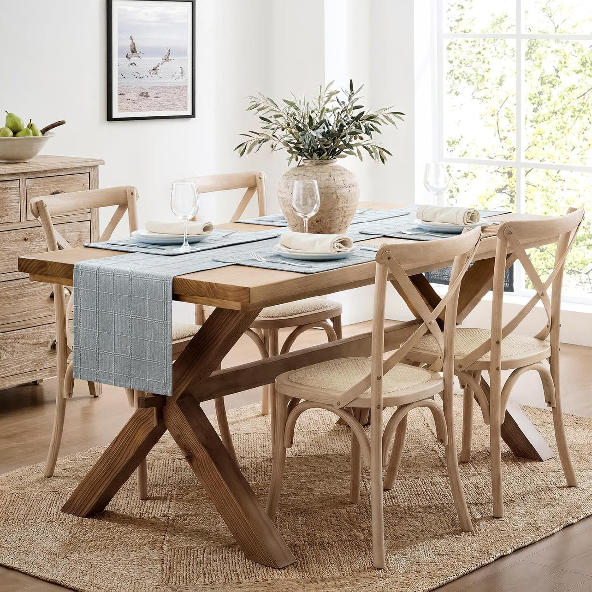 Linen Checked Farmhouse Placemats Set of 4, Chambray 13x19in | Double Layer, Reversible, Thick Textured Table Mats