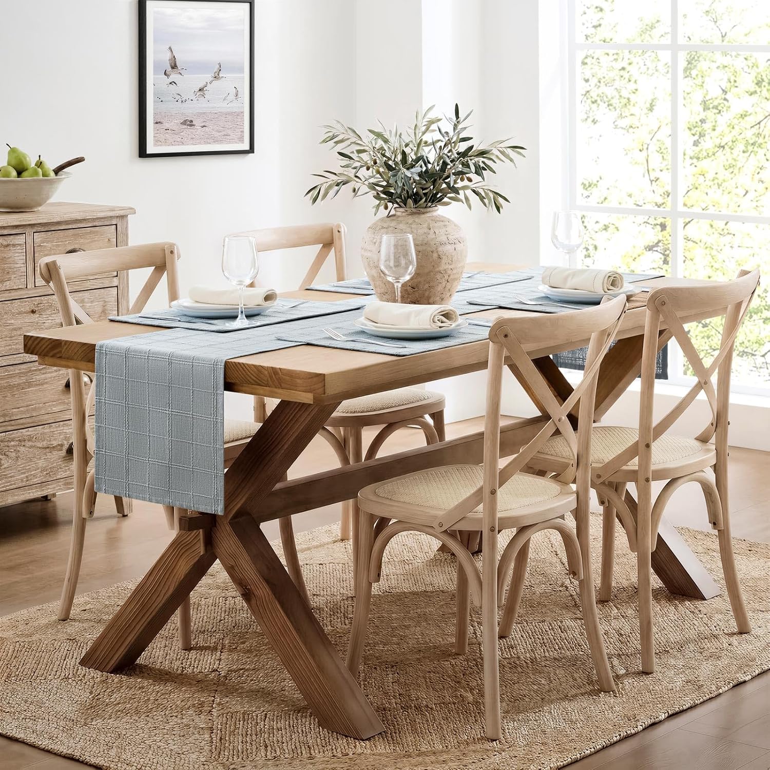 Linen Checked Farmhouse Placemats Set of 6, Chambray 13x19in | Double Layer, Reversible, Thick Textured Table Mats