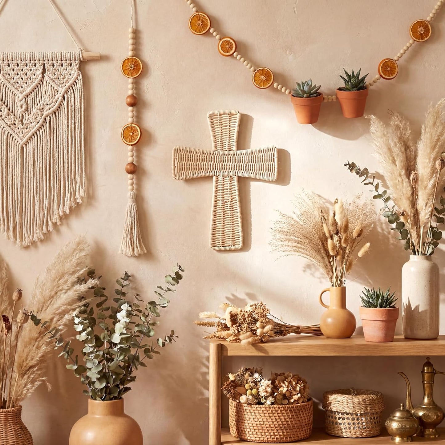 Boho Wicker Wall Decor Handmade Rattan Bohemian Hanging Ornament Rustic / Cross / Natural / 12 Inch