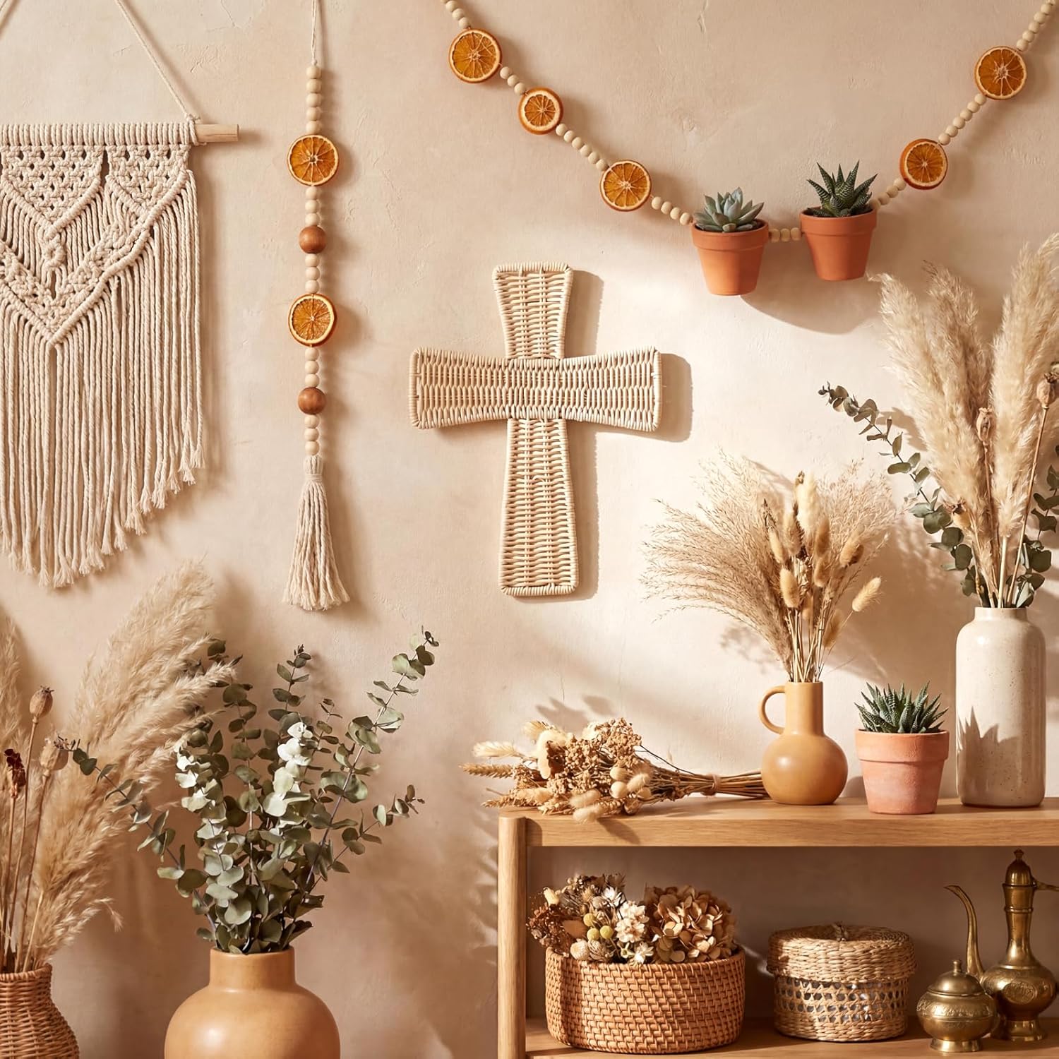 Boho Wicker Wall Decor Handmade Rattan Bohemian Hanging Ornament Rustic / Cross / Natural / 12 Inch