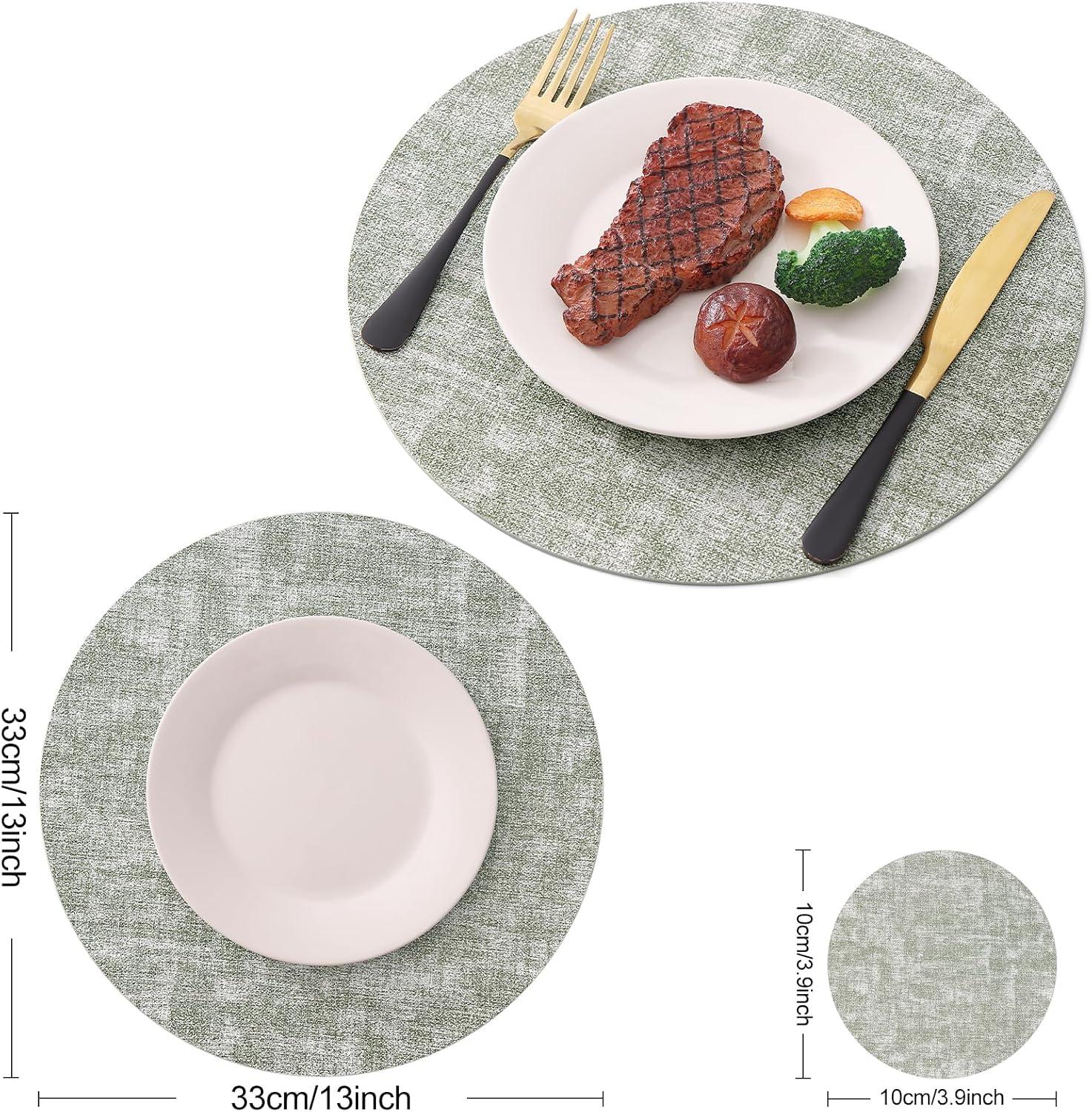 Homaxy Round Faux Leather Placemats and Coasters, Set of 6, Grass Green | Washable Dual-side Table Mats, Wipeable Place