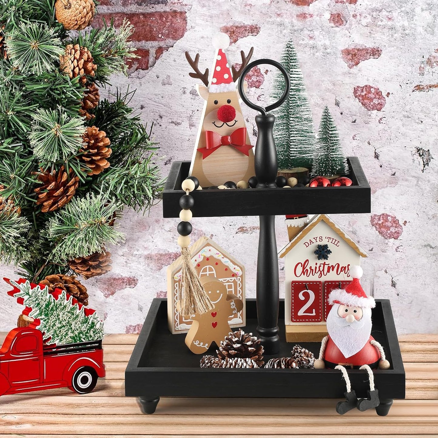 Rustic Wooden 2 Tier Decorative Tray / 12.6 x 12.6 x 16 / Black