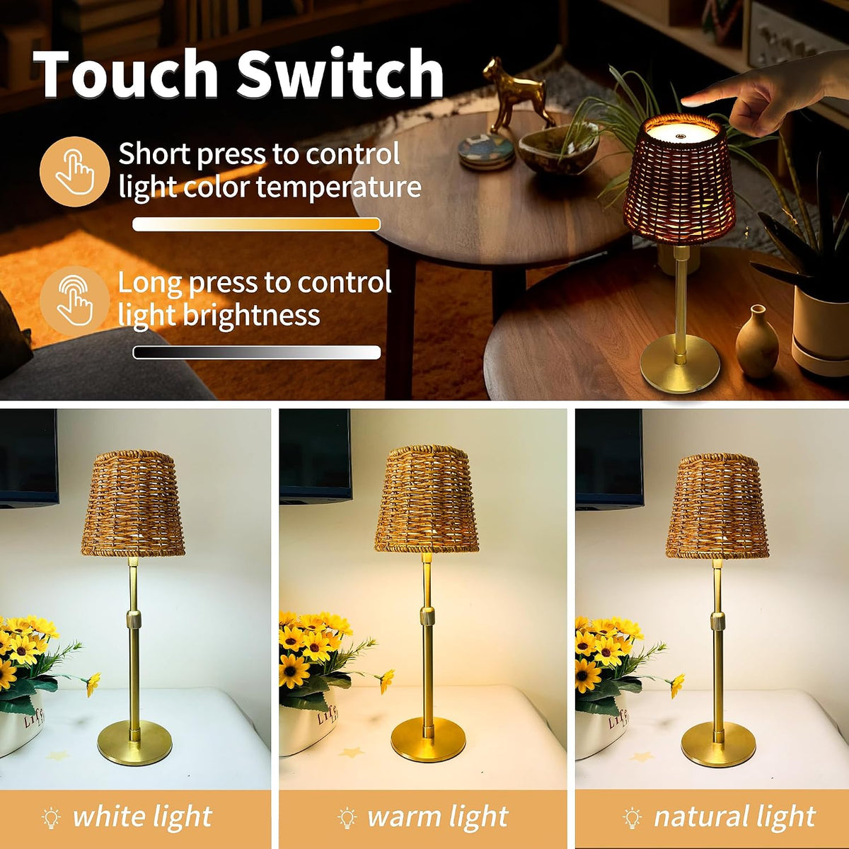 Mr.White Outdoor Waterproof Rechargeable Cordless Table Lamp with Telescopic Pole & Wicker Shade, 5200mAh Battery