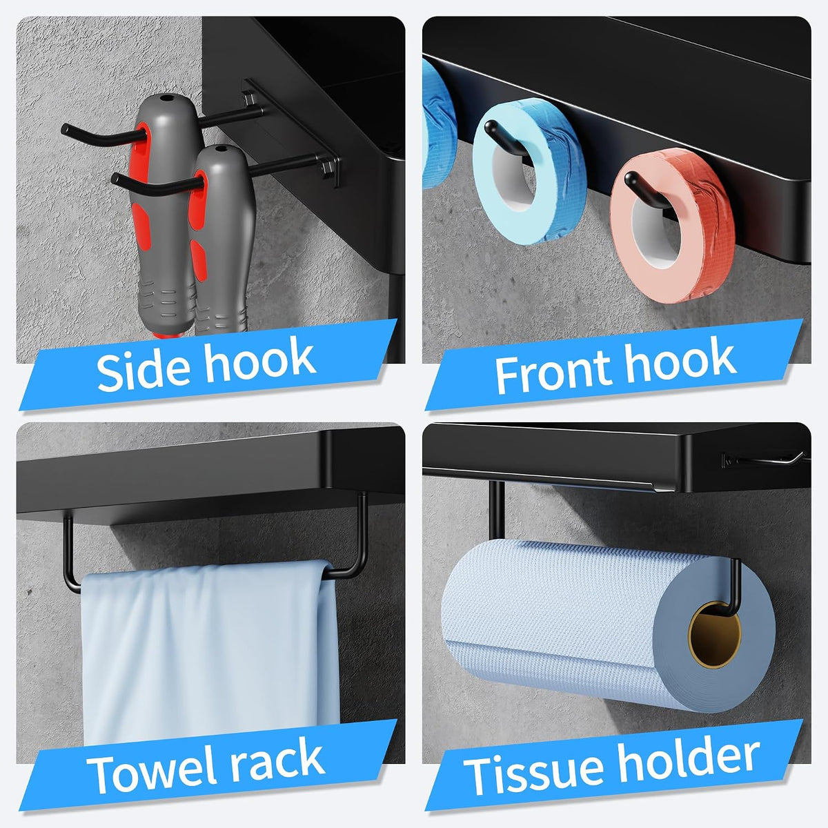 SUNTECH Garage Paper Towel Holder with Shelf, Wall-Mount, 3 Pack (Black) | Heavy Duty, Screw mounting, Built-in hooks