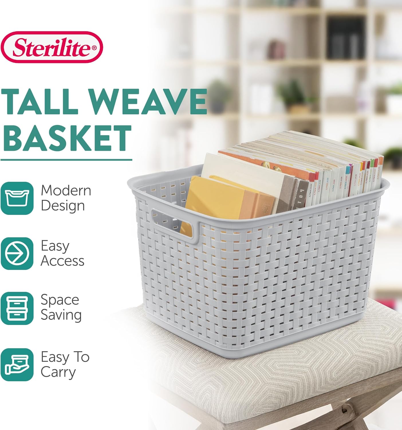 Woven Plastic Storage Baskets for Organization / Gray / Set of 6