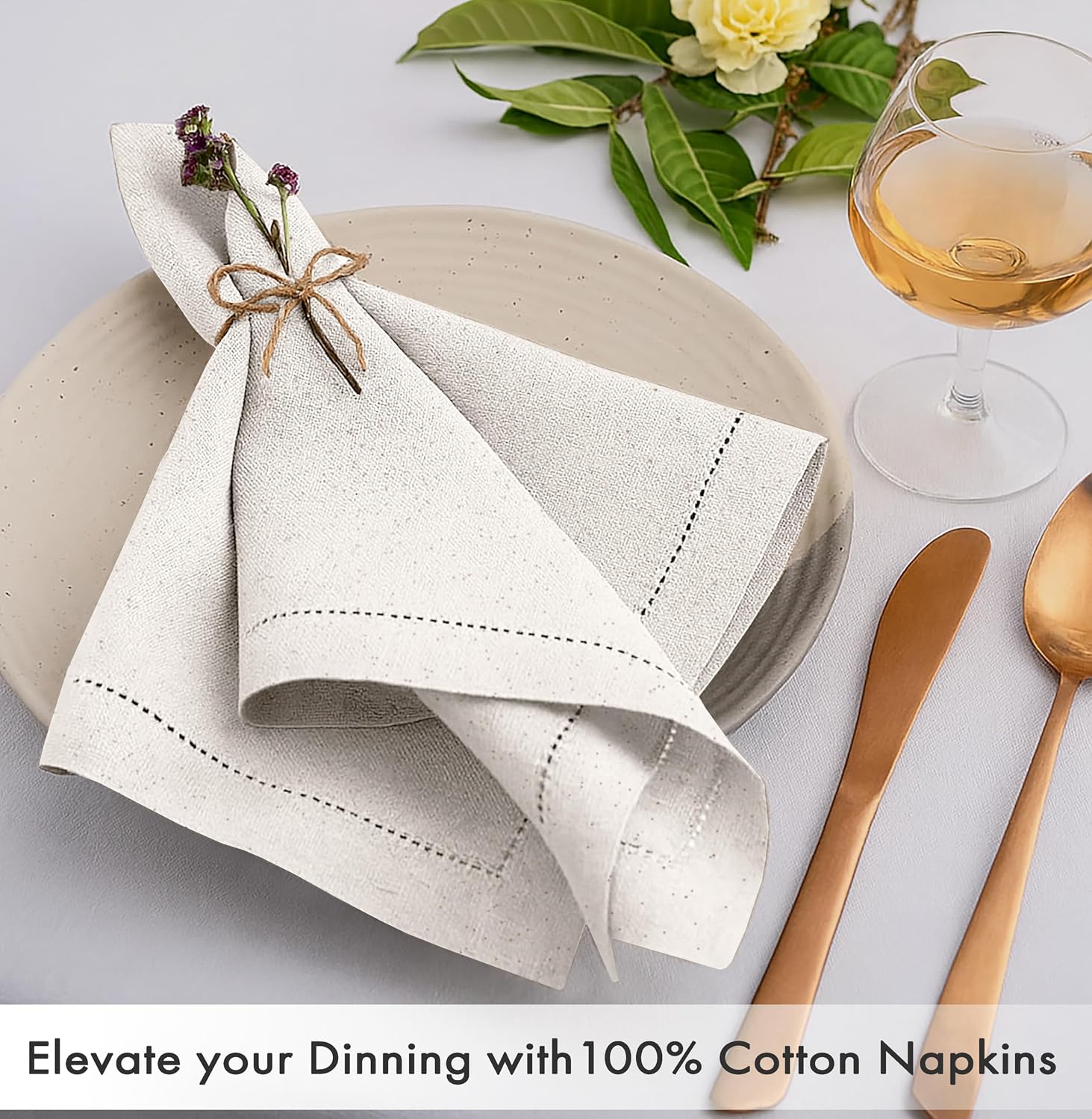 Ruvanti Cloth Napkins 12 Pack, 100% Cotton High GSM 18" x18”– Natural Color | Hem Stitch Washable, Soft, High Absorbent