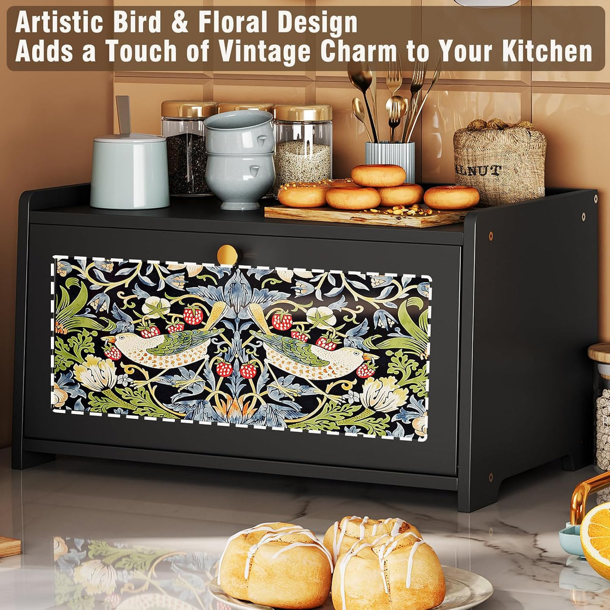 Trironsun Bread Box for Kitchen Counter Black Bread Storage Container with Acrylic Door William Morris Flower Bird