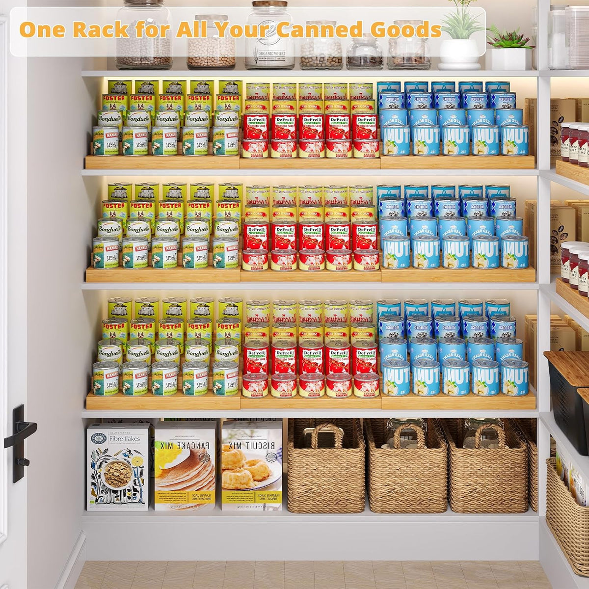 4-Tier Extra-Long Expandable Can Rack, Adjustable Bamboo Organizer for Pantry, Can Storage Holder for Pantry Shelf &