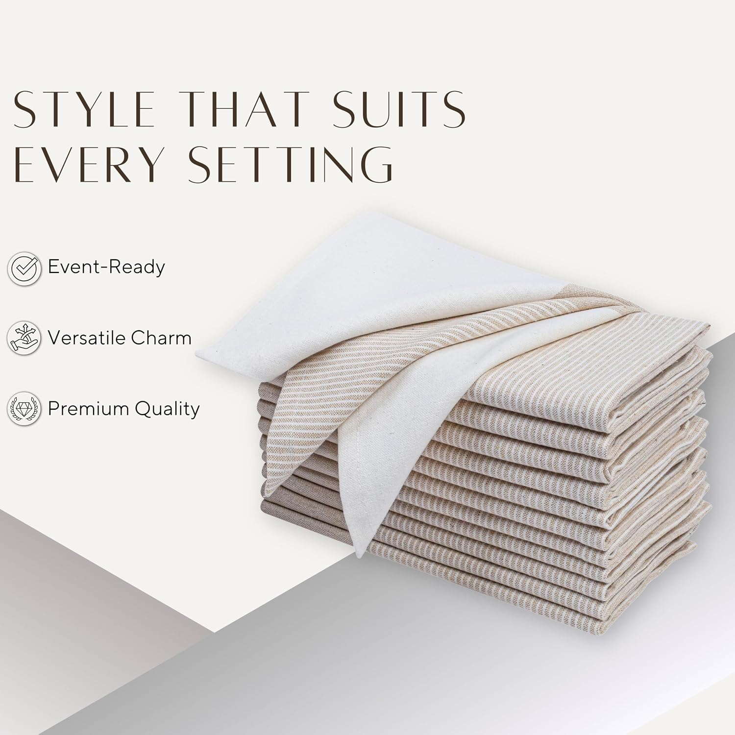Ramanta Home Cloth Napkins Set of 12 18x18 Inches - Beige | Block Striped Dinner Napkins for Farmhouse Wedding