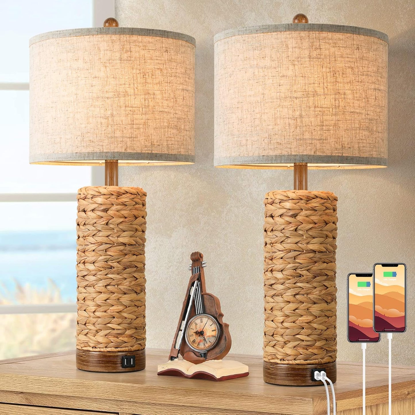 PoKat 23" Light Blue Table Lamps Set of 2, Modern Bedside Lamps for Bedroom, Coastal Ceramic End Table Lamps for Living