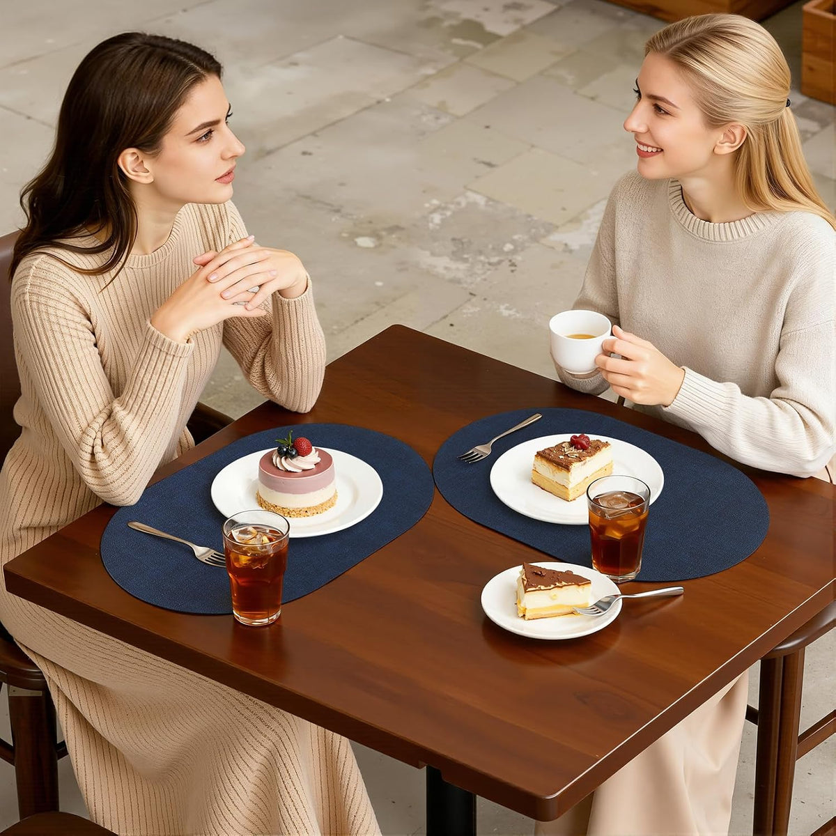 Placemats Set of 6, 11.8 x 17 Inch, Navy | Heat Resistant Oval Faux Leather Place Mats, Waterproof Wipeable Reversible