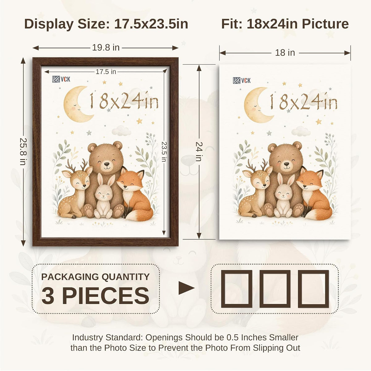 VCK 18x24 Poster Frames Set of 3, Brown Woodgrain, Wall Hanging | Wide Border, Exclusive Woodgrain, Shatterproof