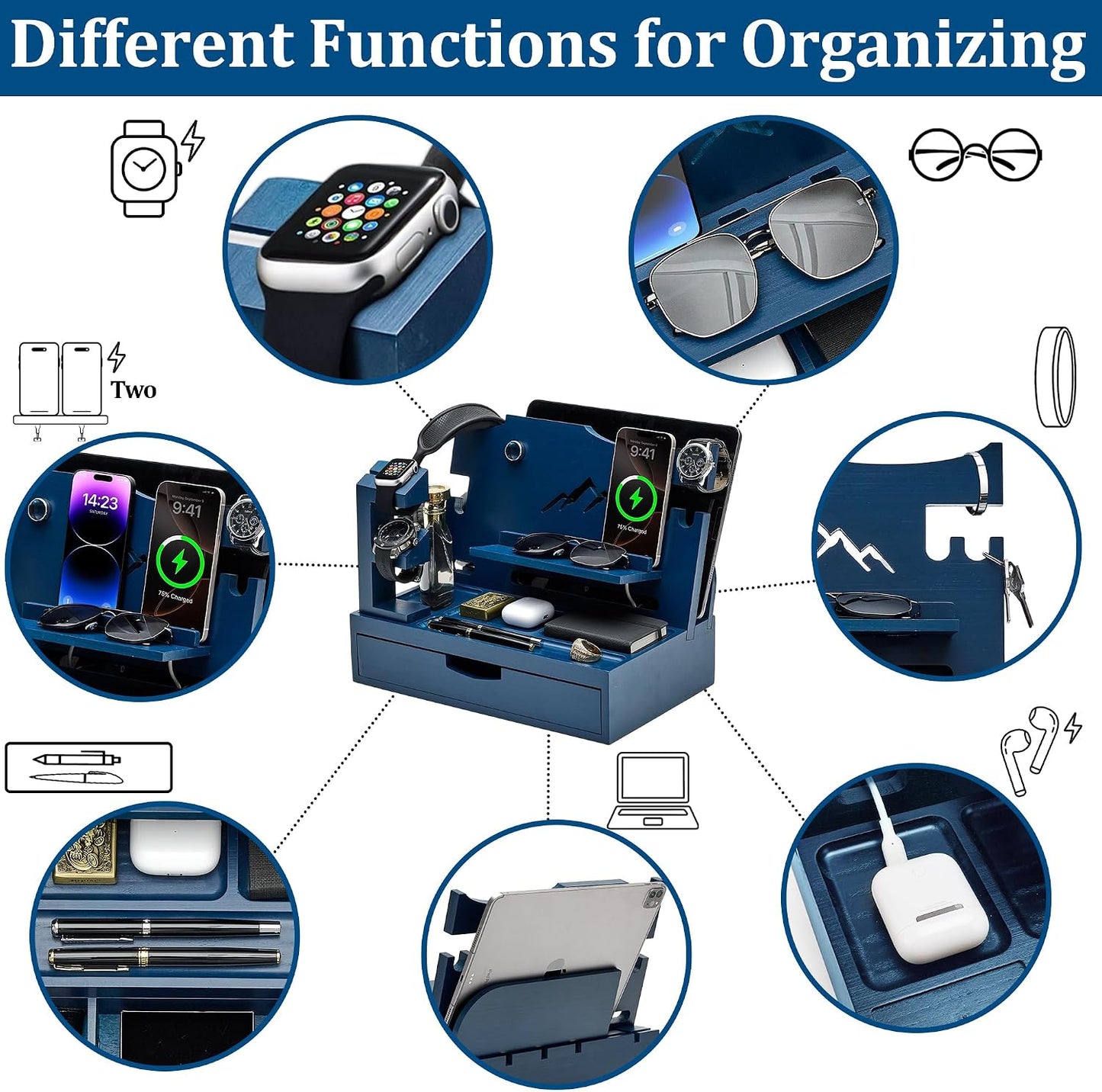 Nightstand Organizer for Men with Large Drawer, Wood Phone Docking Station for Phone, Apple Watch, Wallet & Keys, Ideal