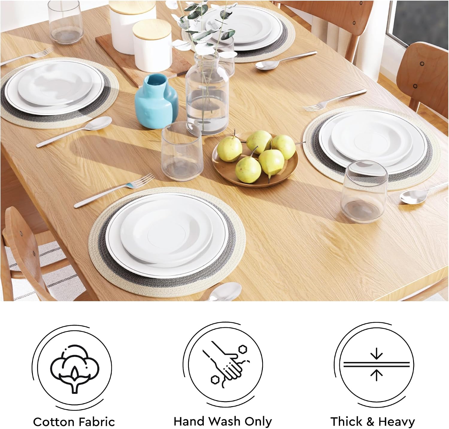 Encasa XO Dining Placemats, Cotton Round Table Mats 13" Light Grey & Off White
