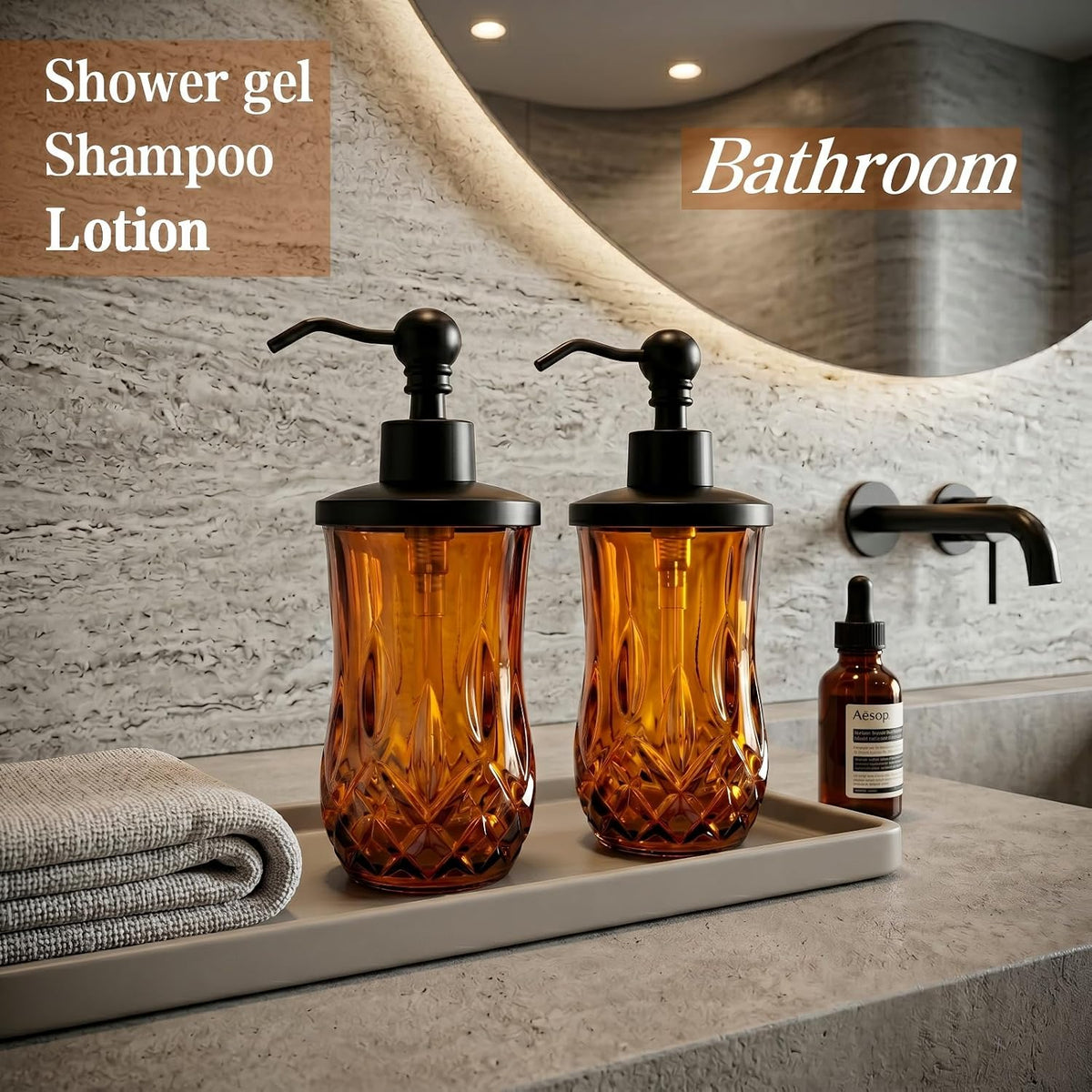 2 Pack 9Oz Amber Soap Dispenser, Round Thick Glass | Featured texture pattern, for lotion,hand soap or body wash for