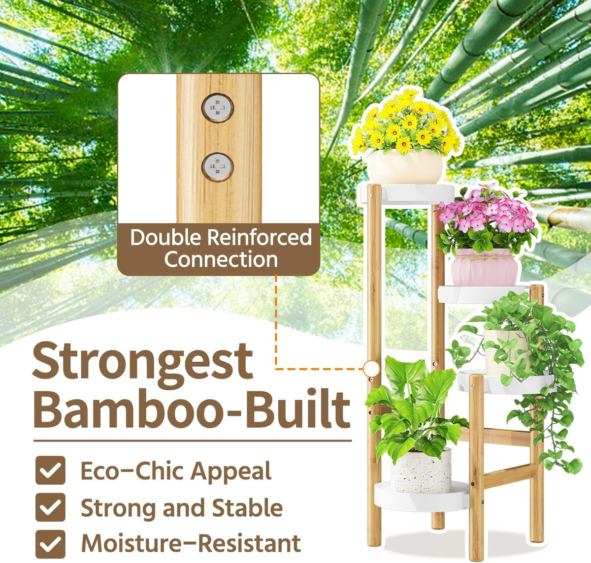 LASZOLA Plant Stand Table Tall for Indoor Corner, 4 Tier Bamboo White | Multiple Level Vertical Planter Rack, Flower