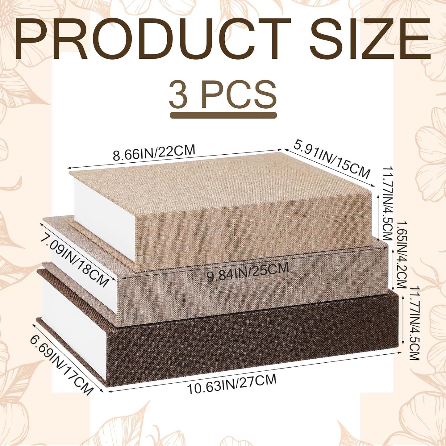 Fake Book Box Neutral Linen Book Box / Multi Sizes / Khaki, Dark Coffee, Light Coffee / Set of 3