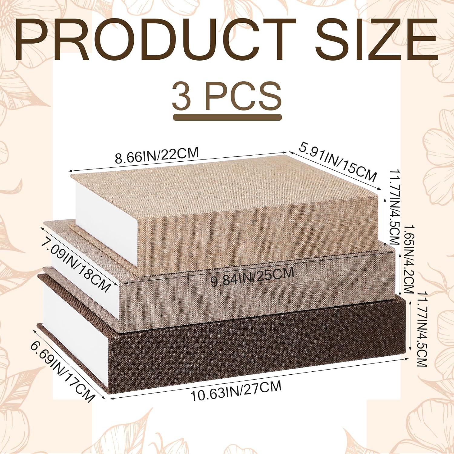 Fake Book Box Neutral Linen Book Box / Multi Sizes / Khaki, Dark Coffee, Light Coffee / Set of 3