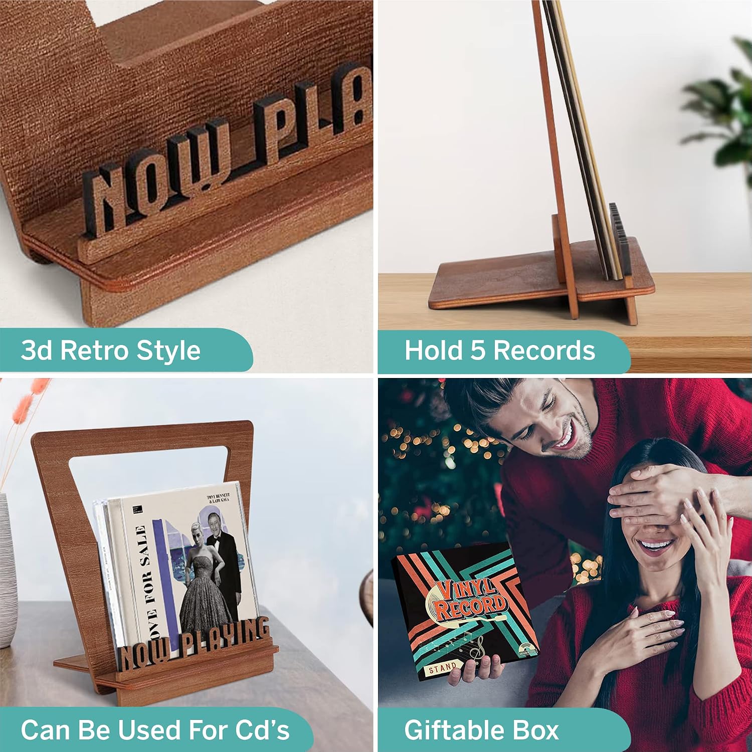 Now Playing Vinyl Stand - 3D Retro Holder for LP Vinyl Records - Wooden Turntable Accessory - Gift Ideas - Album